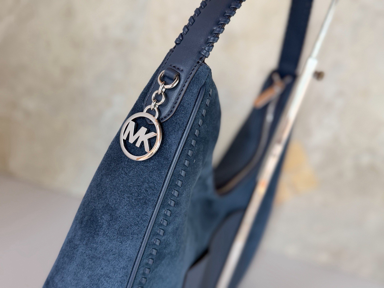 Michael Kors Nayla Medium Suede Leather Hobo Shoulder Bag Navy/Silver