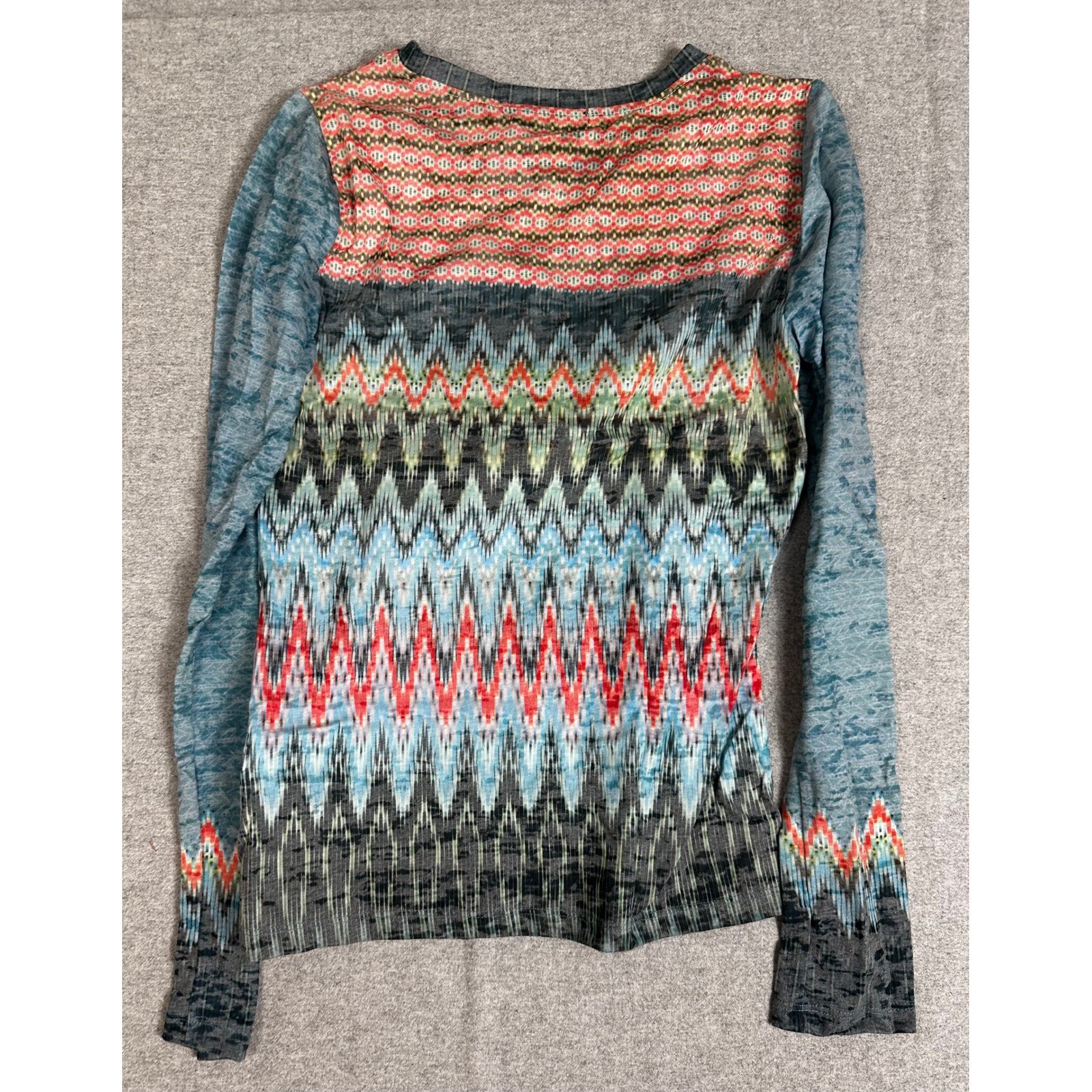 NWT Prana Long Sleeve Top Womens XXS Blue Ikat Geometric Organic Cotton Blend