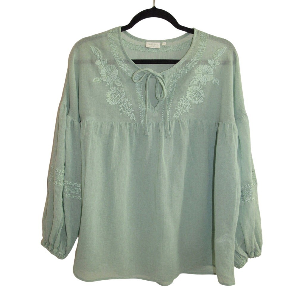 Spartina Mint Green Embroidered Peasant Blouse Small Boho Cottagecore Cotton