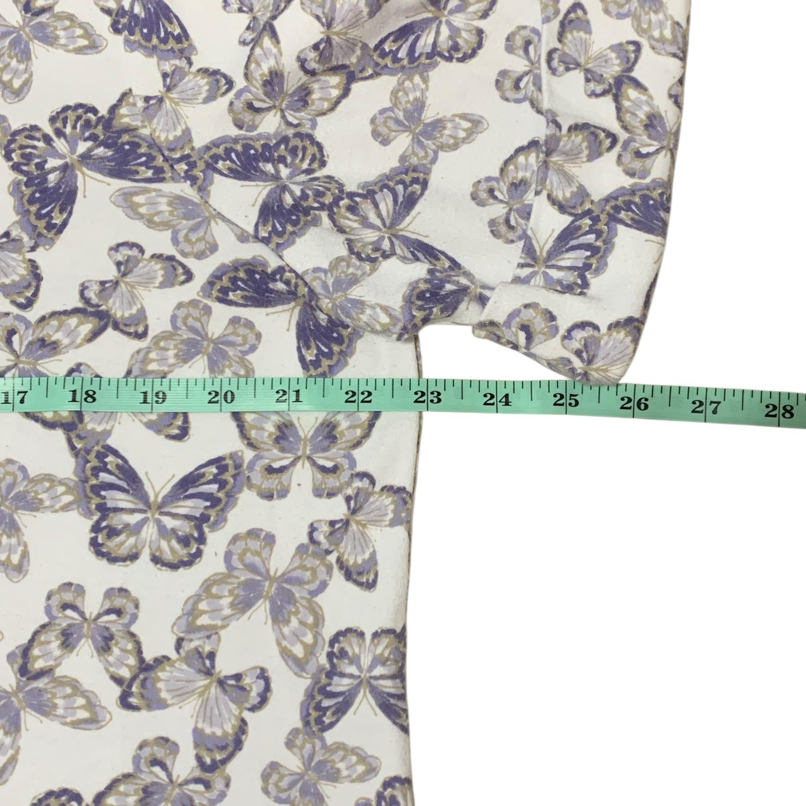 Hasting & Smith Top Women’s Large White Purple Butterflies Short Cuffed Sleeves