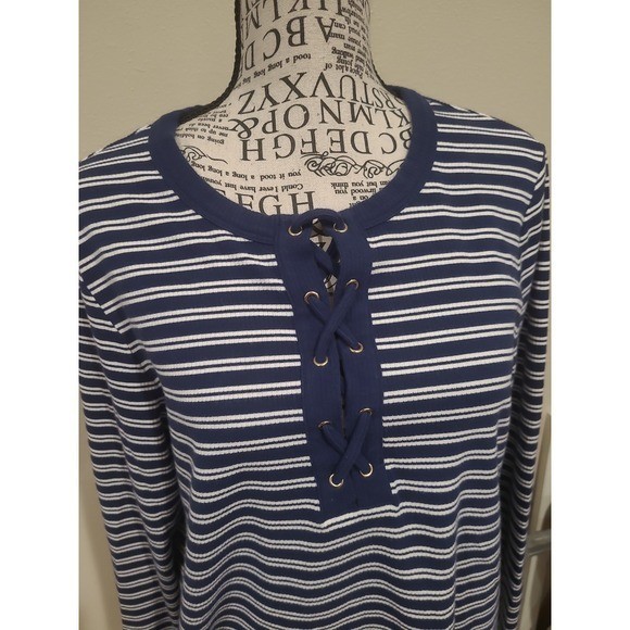 Land’s End Nautical Coastal navy white striped long sleeve pullover Women SZ L