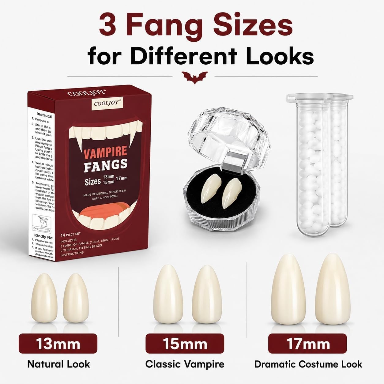 Realistic Vampire Fangs with 3 Sizes and Adhesive – Ideal for Halloween Parties