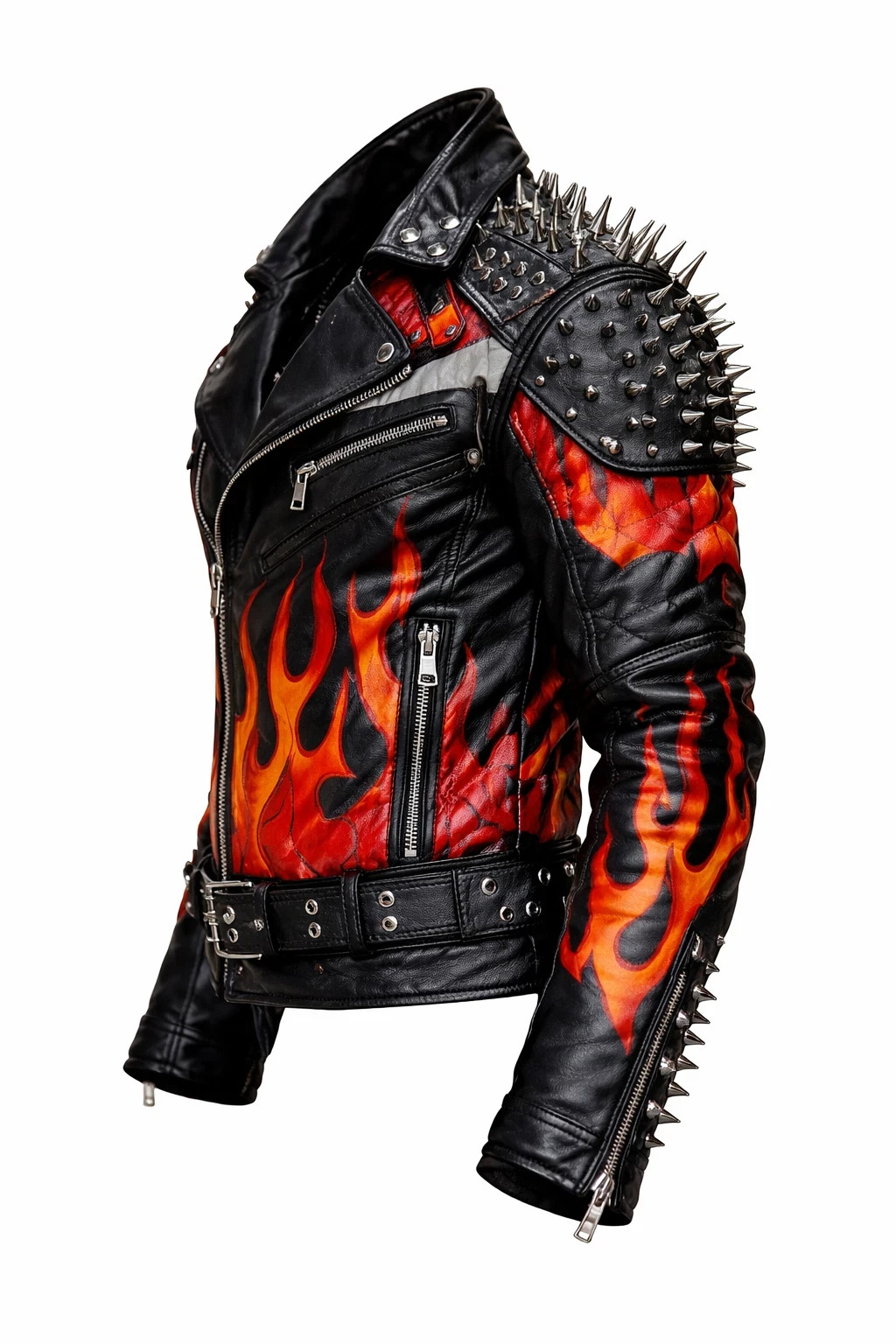 Men’s Studded Black Leather Biker Jacket Flame Design Punk Rock Motorcycle