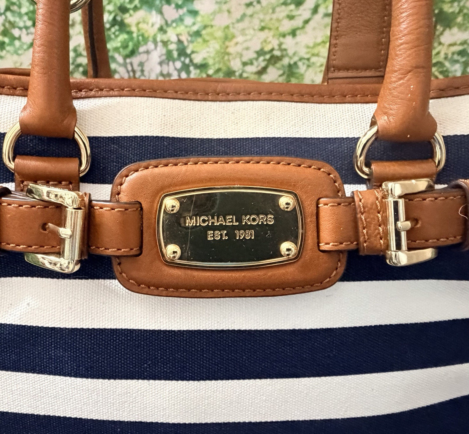 Michael Kors Hamilton Large Tote Satchel Striped Canvas Navy Blue White Leath