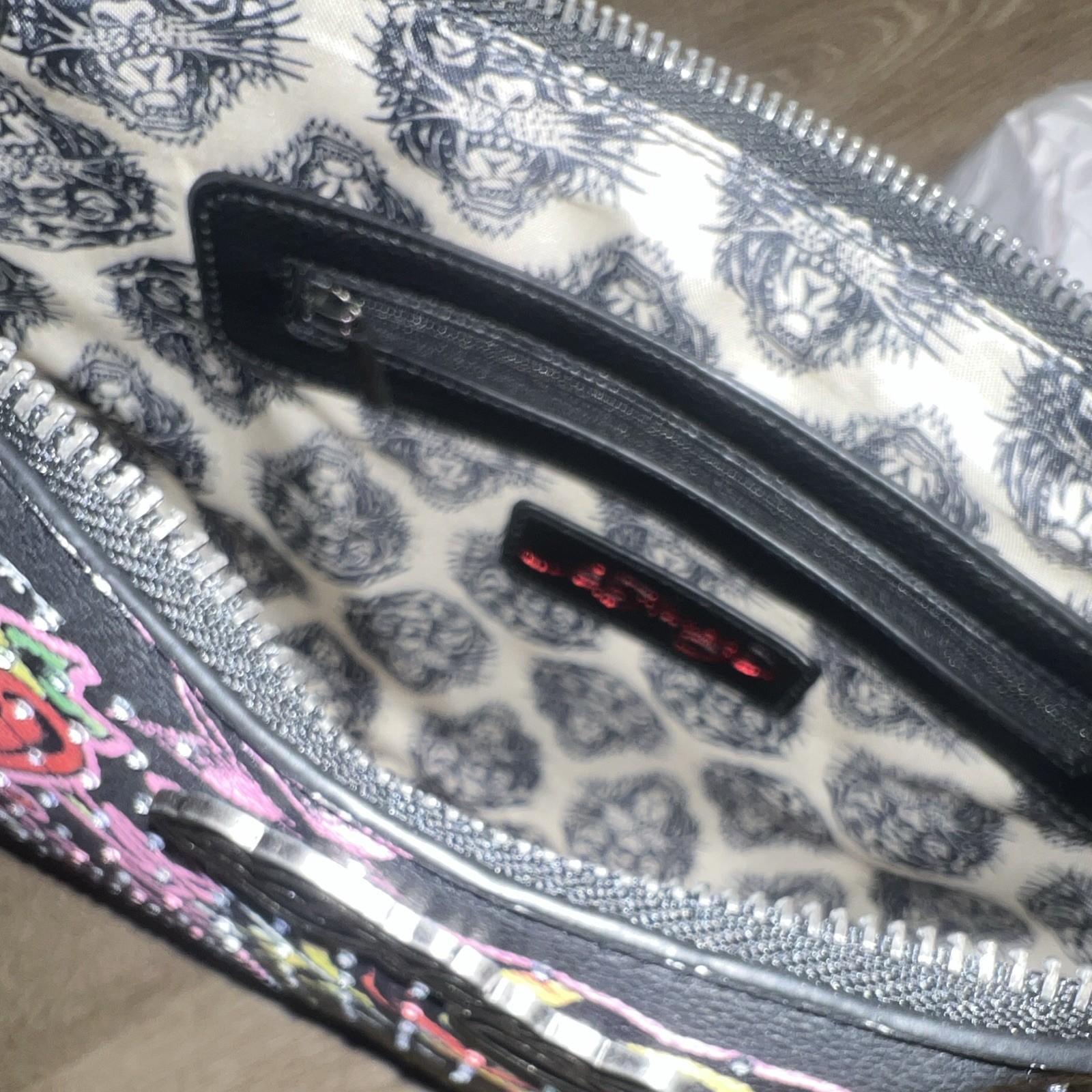 Ed Hardy Small Black Shoulder Bag Tiger Graphic Skull Tattoo Zip Closure Charm