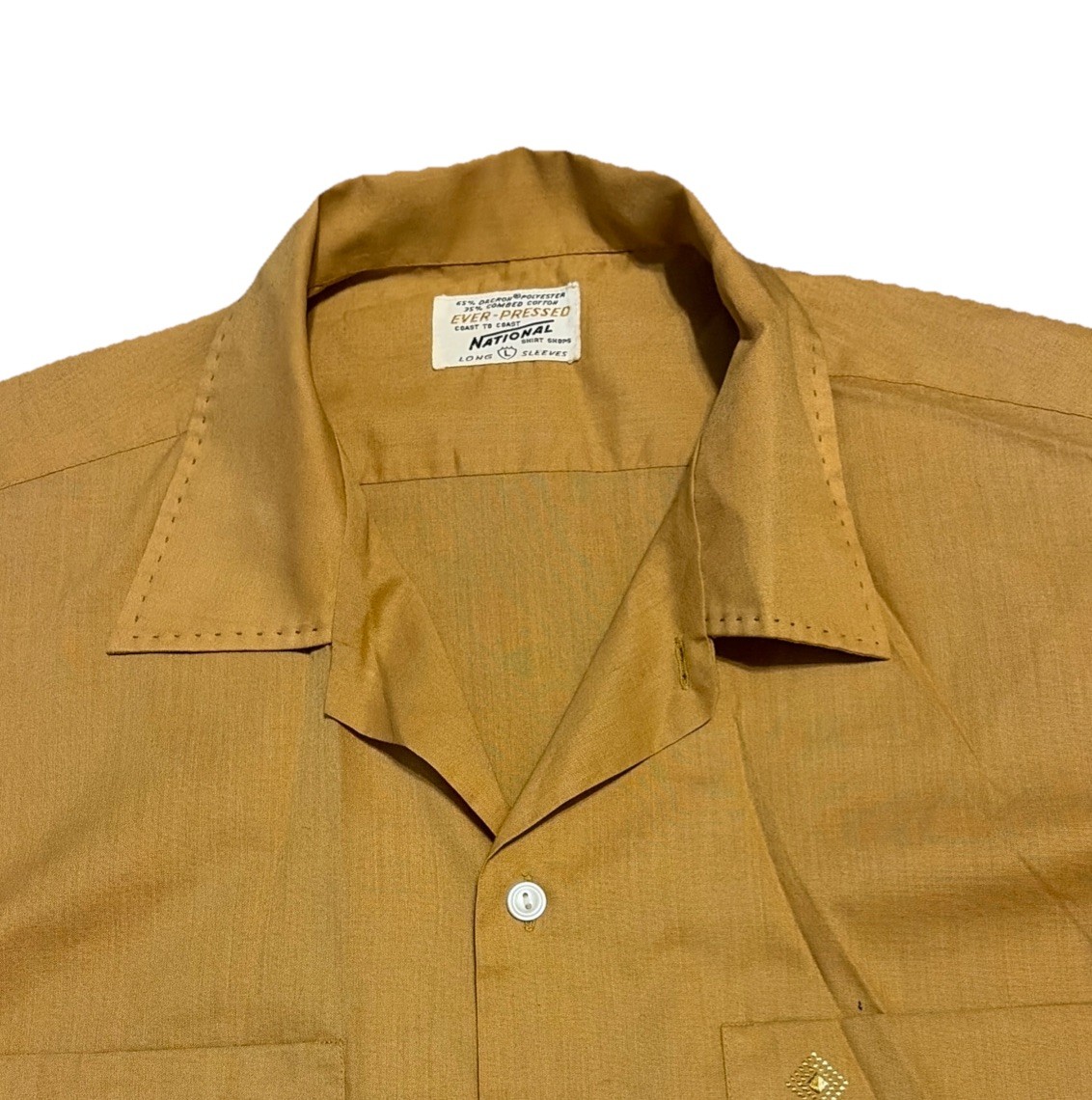 Vintage 60s National Button Up Shirt L Ever Press Gold Long Sleeve Dacron Cotton