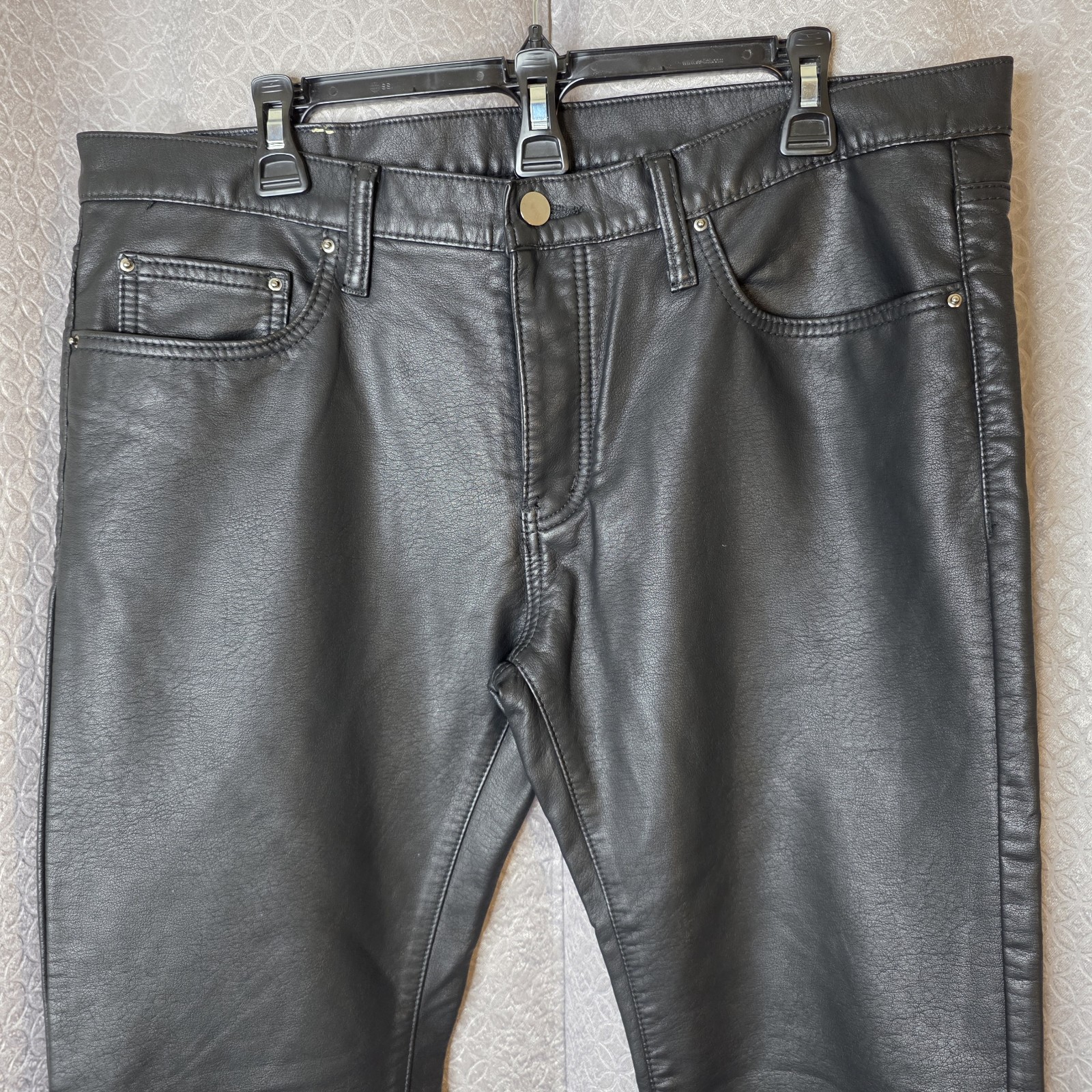 mnml Men’s Black Solid Flat Front Polyurethane Pants, Button/Zip, 5-Pocket, 36