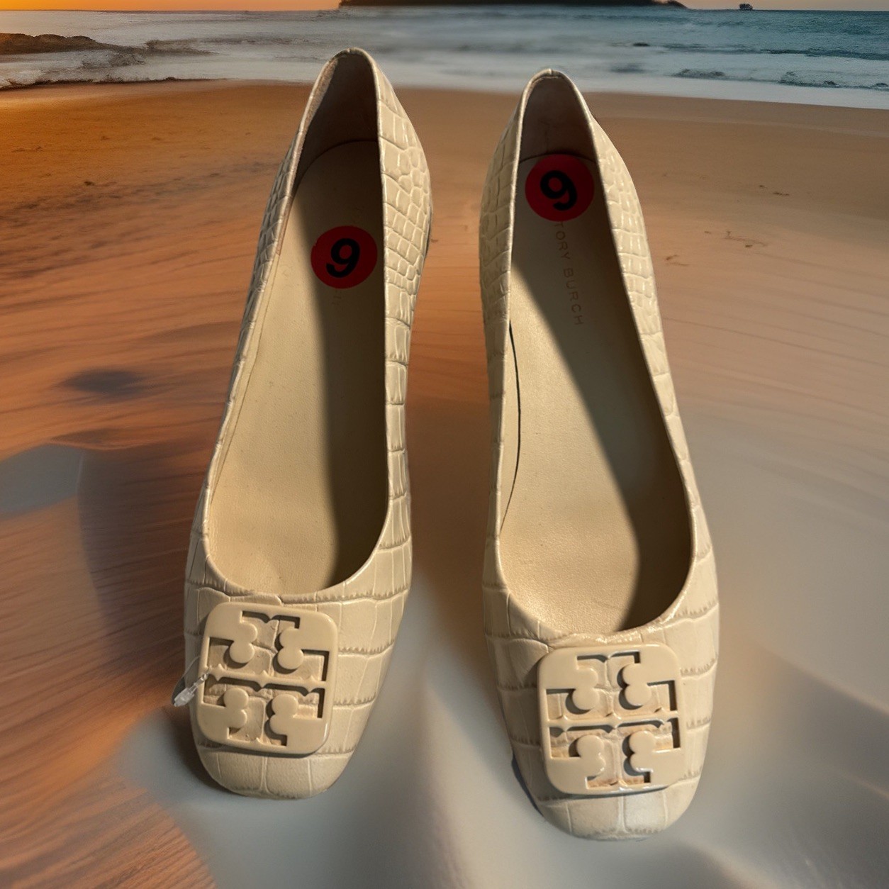New Women Tory Burch Georgia Pump Soft Croco Logo Low Heel Shoes ,Sz. 10.5;6M