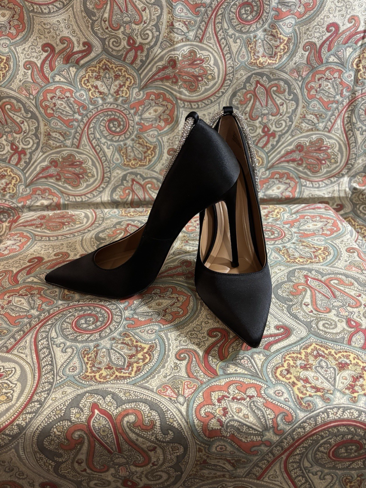Jessica Simpson Women’s Black Satin Pointed Toe Stiletto Pumps Rhinestone Strap
