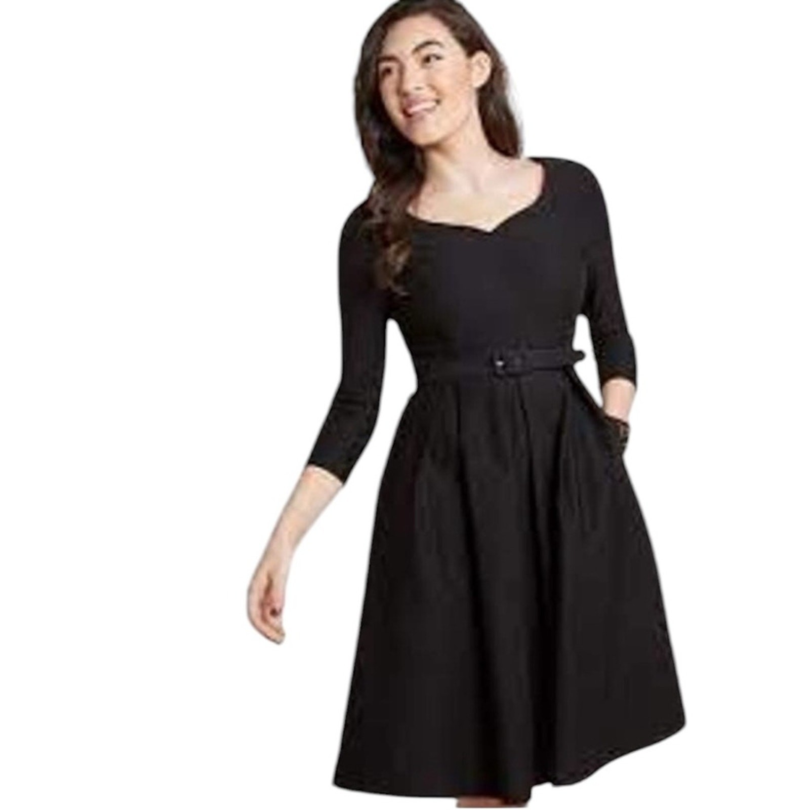 ModCloth Large Black Rayon/Nylon/Span “Sartorial Secret” Belted Fit Flare Dress