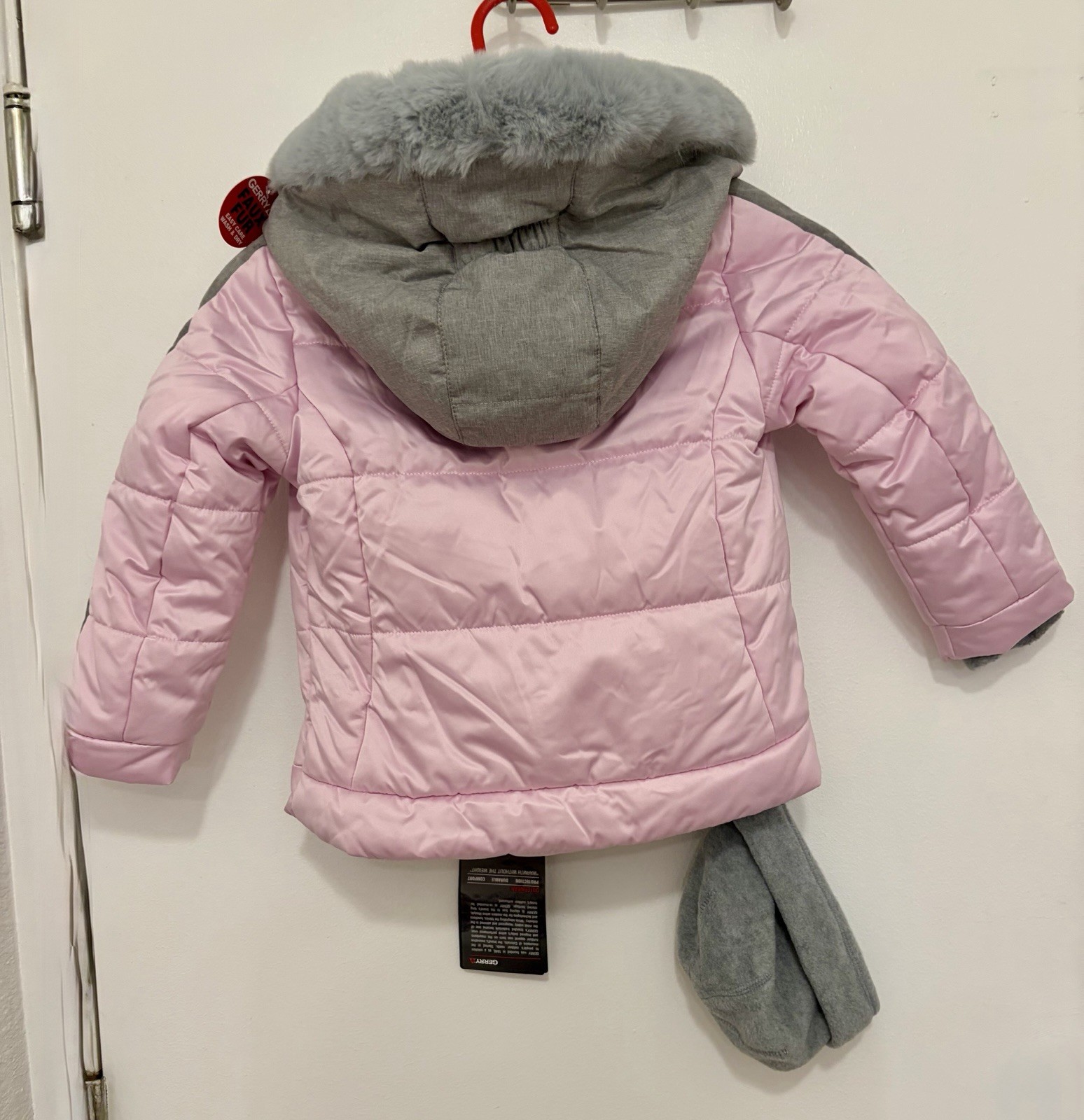 Gerry Girls Pink Gray Hooded Puffer Jacket Faux Fur Trim Full Zip Pockets Sz 5