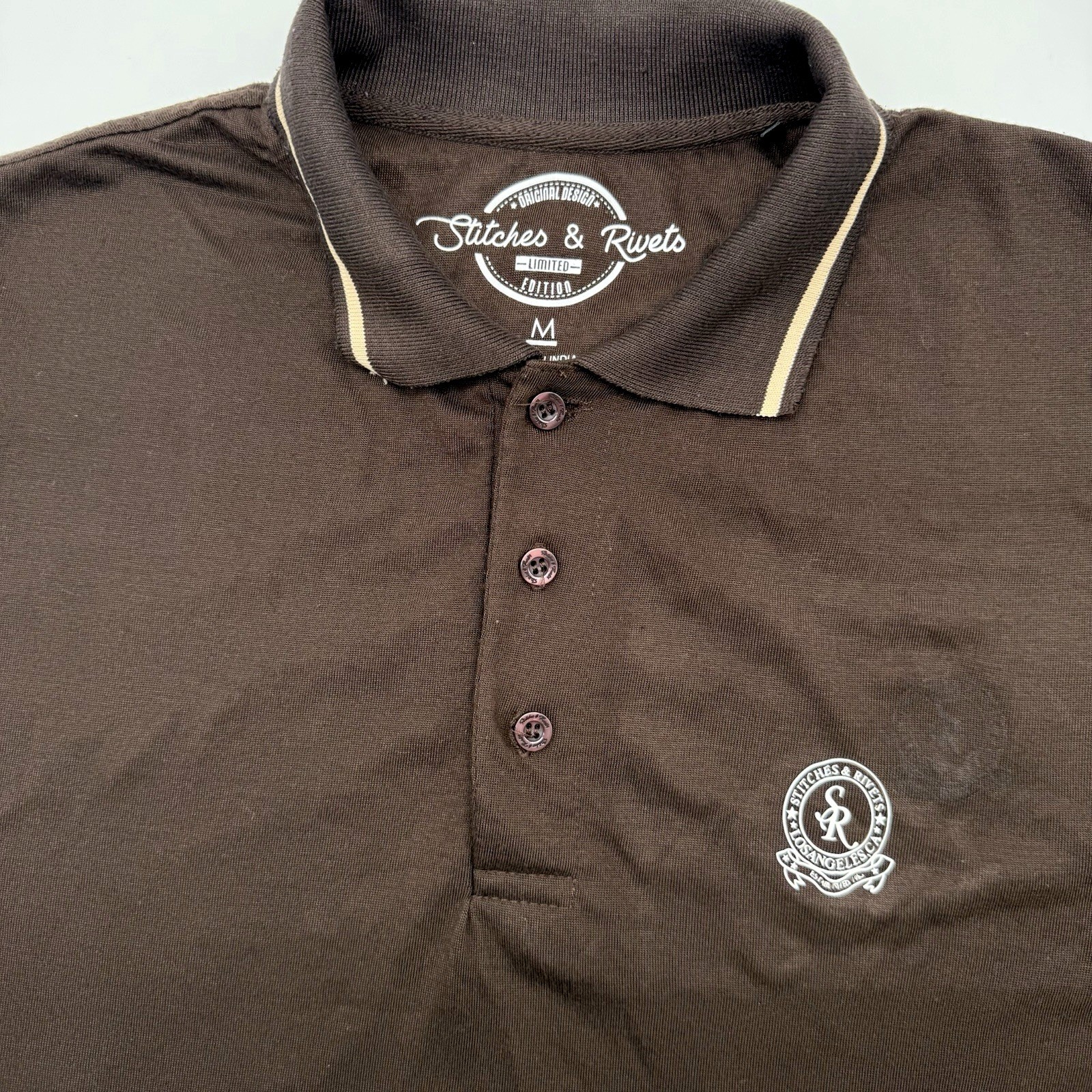 Stitches & Rivets Polo Shirt Mens Medium Brown Tipped Logo Limited Ed