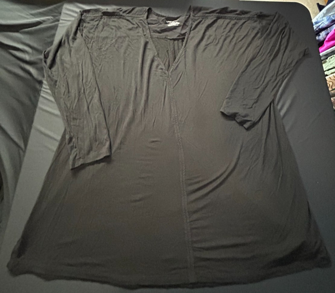 Lane Bryant 18 20 Plus Black Mixed Media Blouse Stitching Pleated Back 7/8 Slv