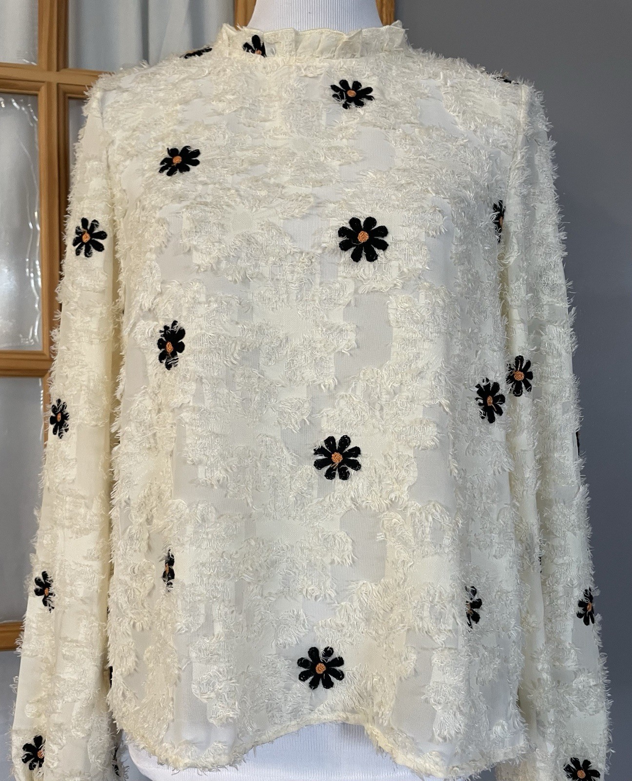 Embroidered Floral Lace Top Womens 6 Ivory Fuzzy Balloon Sleeve Cottagecore City
