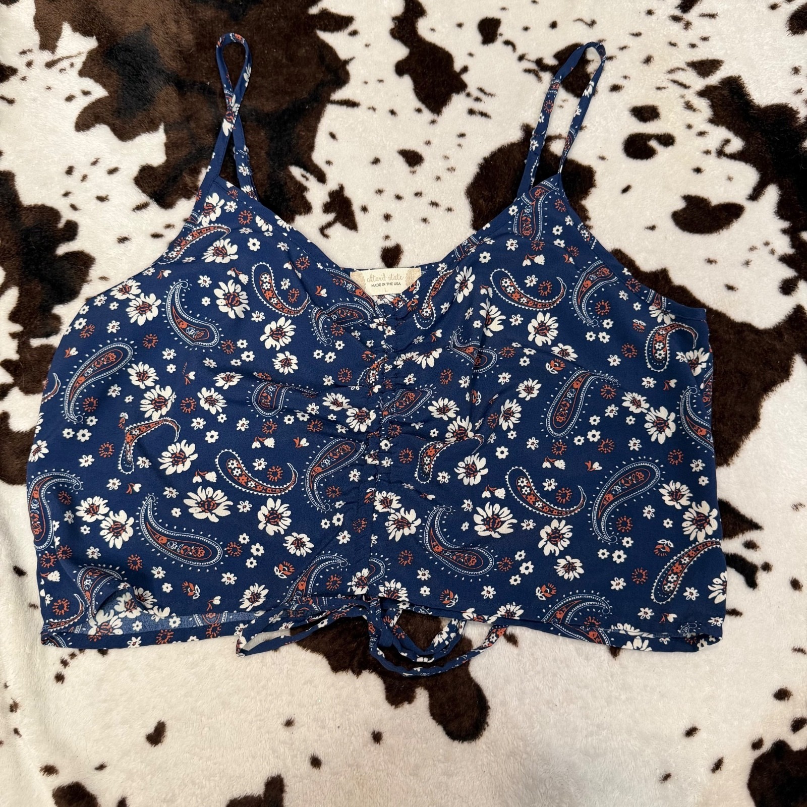 Altar’d State Blue Paisley Floral Tie Front Crop Cami Tank Top Large