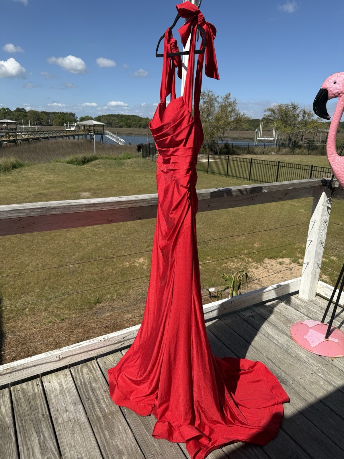Ladivine by Cinderella Divine Red Gown Bow Ruched Strapless Long Dress 4