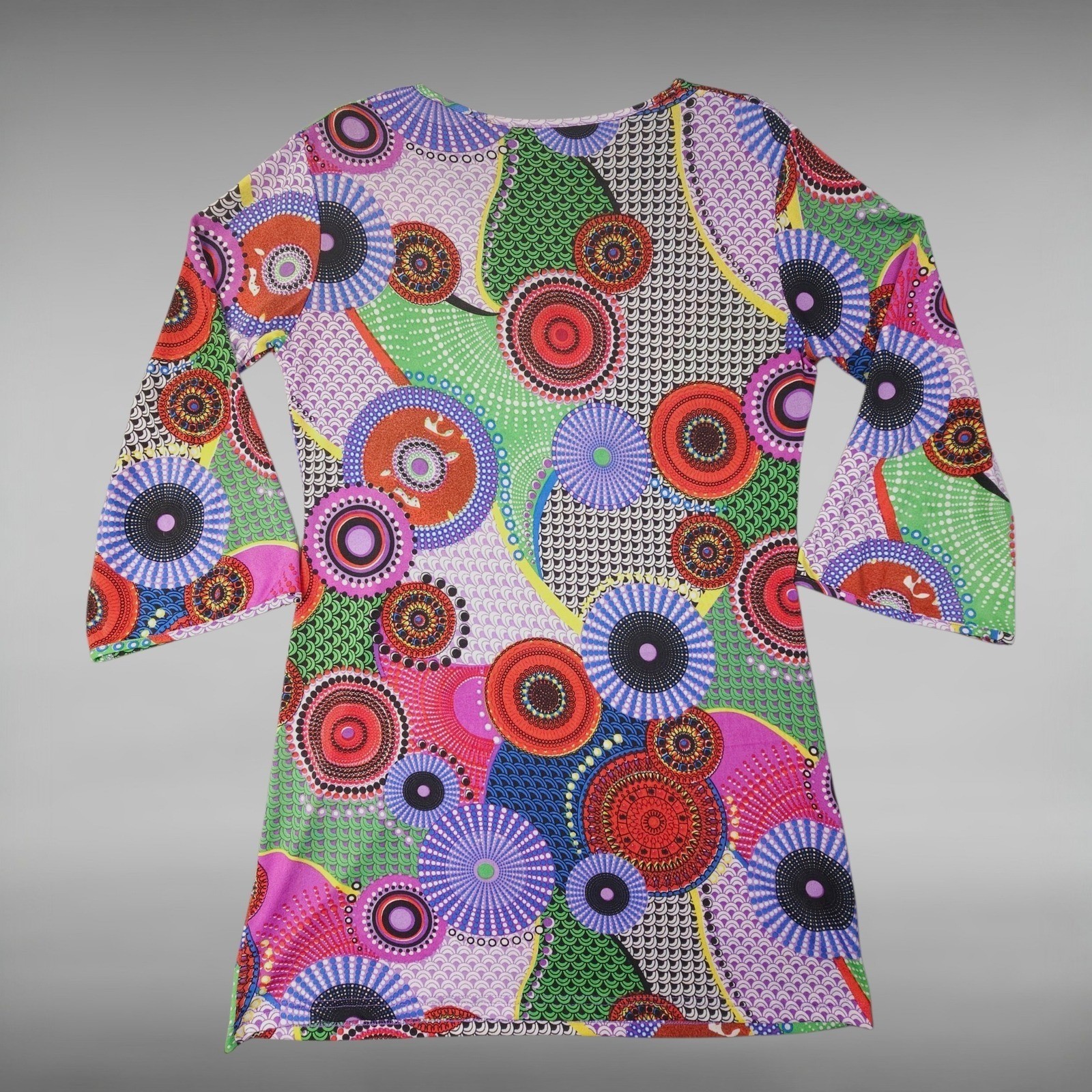Psychedelic Retro Geometric Shift Mini Dress Long Sleeve Artsy Boho Womens M
