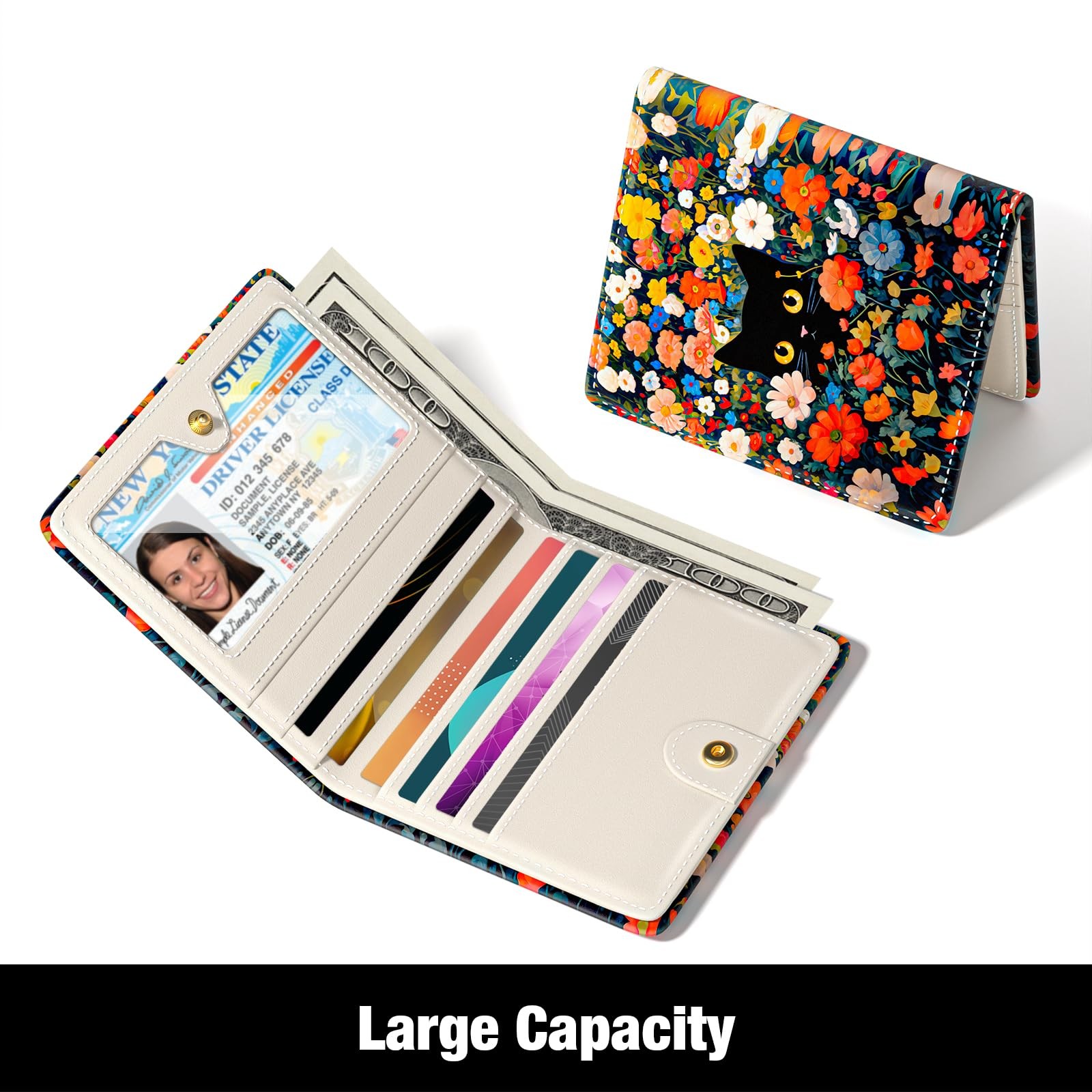 Rouidr Womens Wallet, RFID Small 4.3 x 3.6 x 0.6 inches, Colorful Flowers Cat
