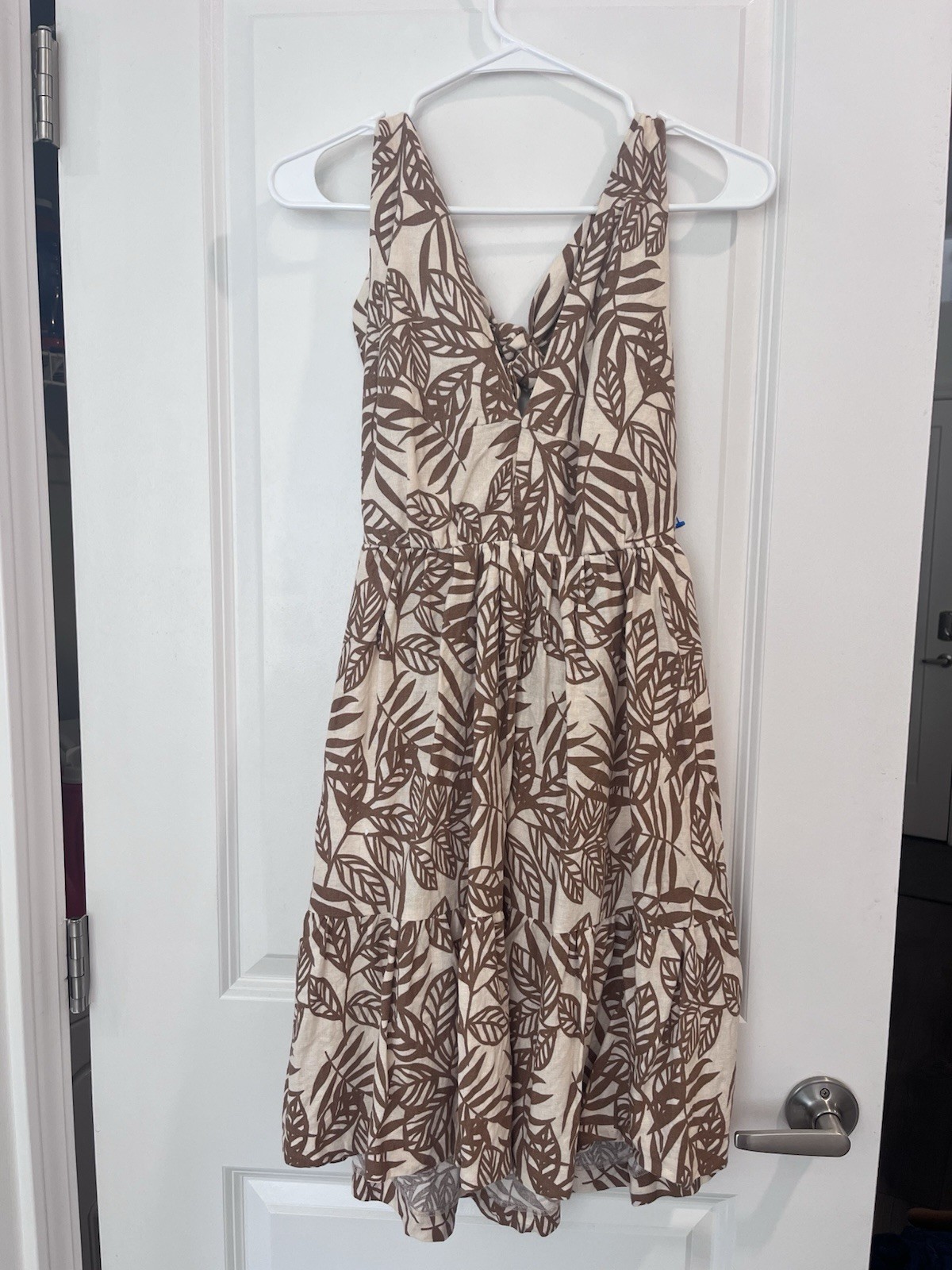 House of Harlow 1960 Linen Blend Tropical Leaf Print Plunge Open Back Dress
