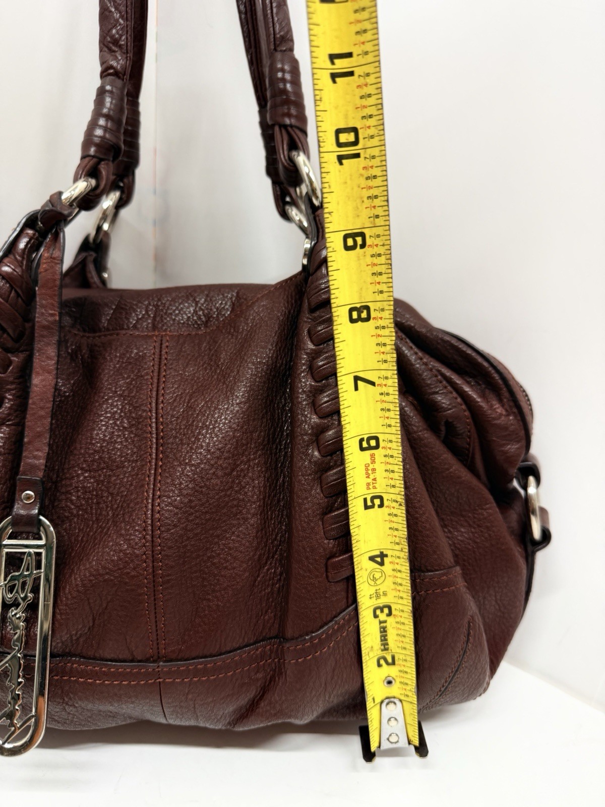 B. Makowsky Brown Pebbled Leather Shoulder Bag Satchel Purse Braided Handles