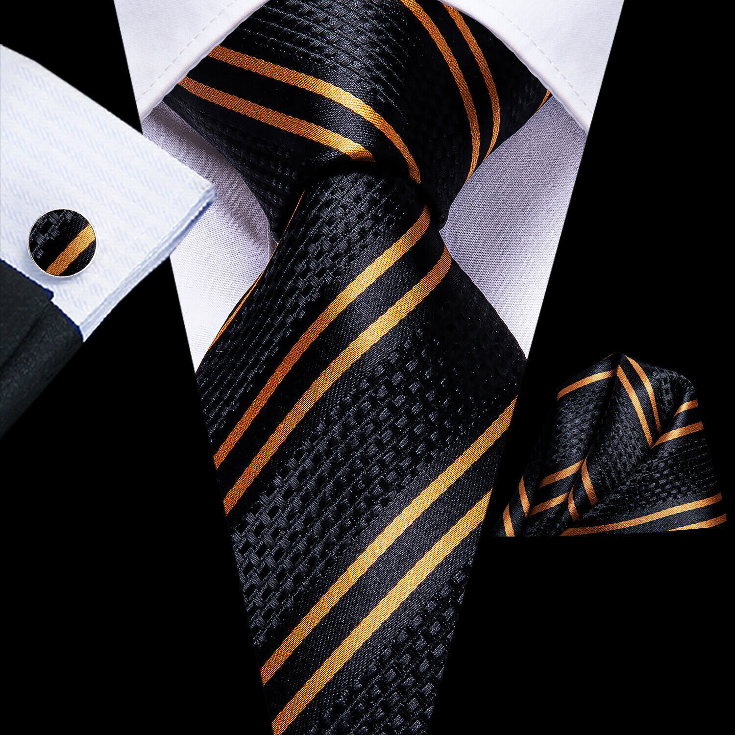 USA Men’s Tie Orange Red Plain Necktie Square Hanky Cufflinks Set Wedding
