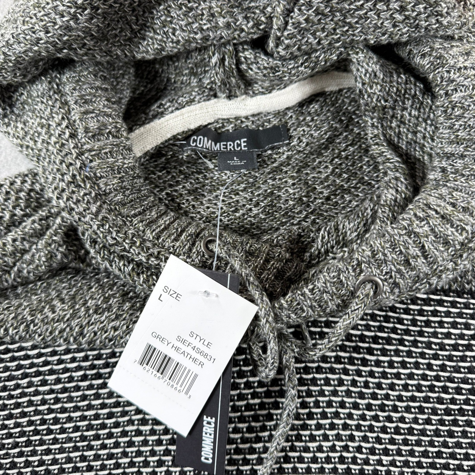 Commerce Hooded Sweater Mens Large Grey Heather Striped Knit Pullover SIEF4S6831