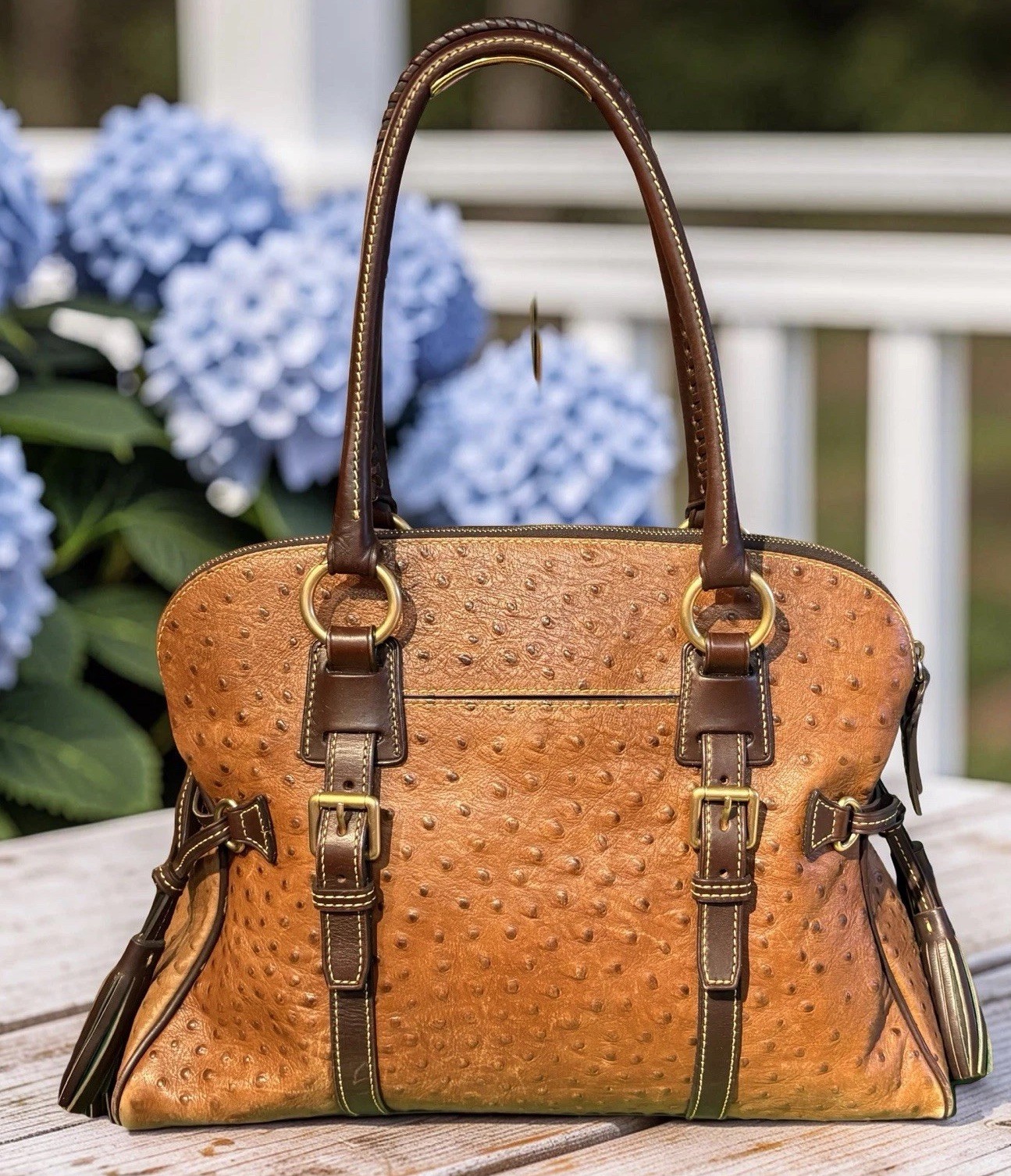 Dooney Bourke Chestnut Cognac Brown Ostrich Embossed Leather Large Satchel Bag