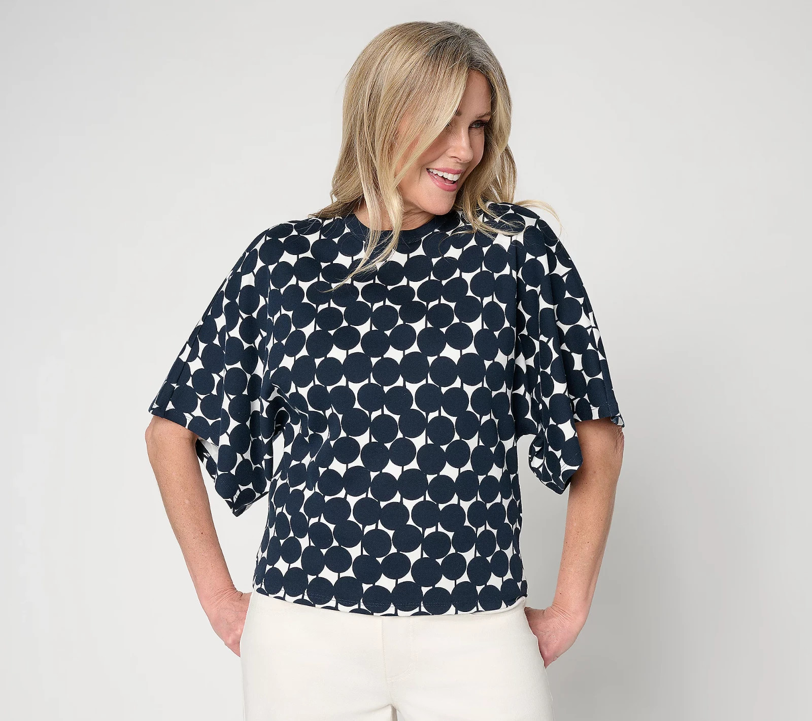 Carla Rockmore Cotton Batwing Crew Neck Tee Midnight Dot XL Relaxed Fit
