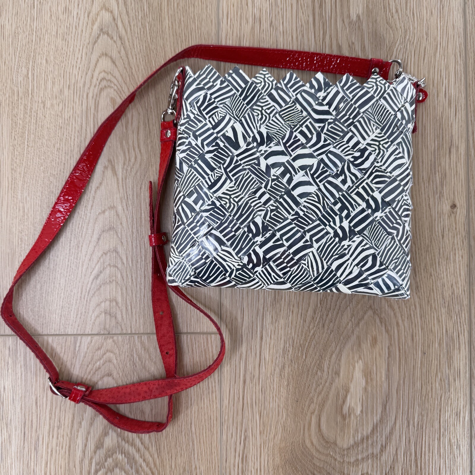 Nahui Ollin Candy Wrapper Crossbody Purse Red Strap Black White Geometric NWOT