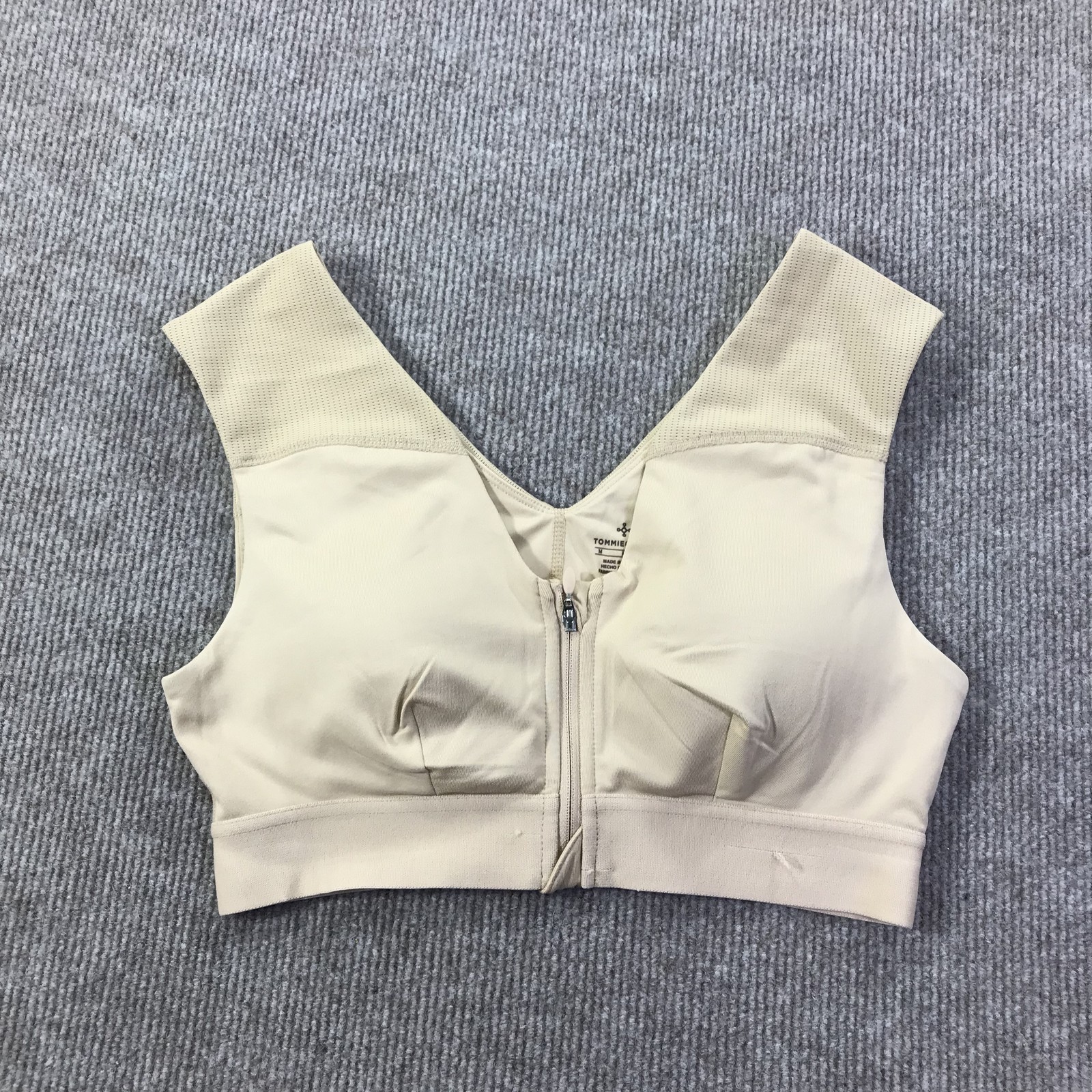 Tommie Copper Sports Bra Womens Medium Beige Zip Front Support Athletic Gym