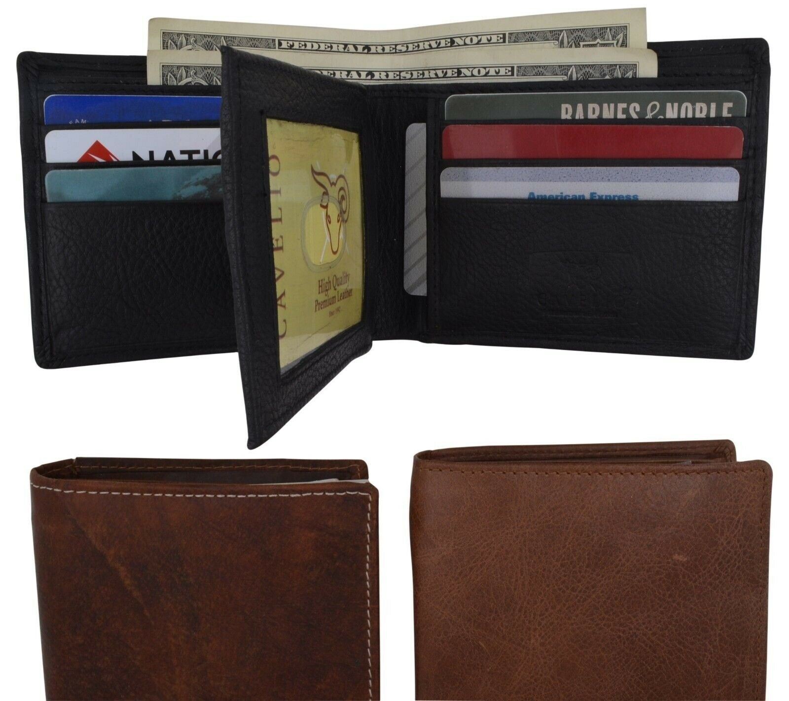 Cavelio Bifold Mens Premium Leather Center Flap ID Card Holder Wallet Gift Box