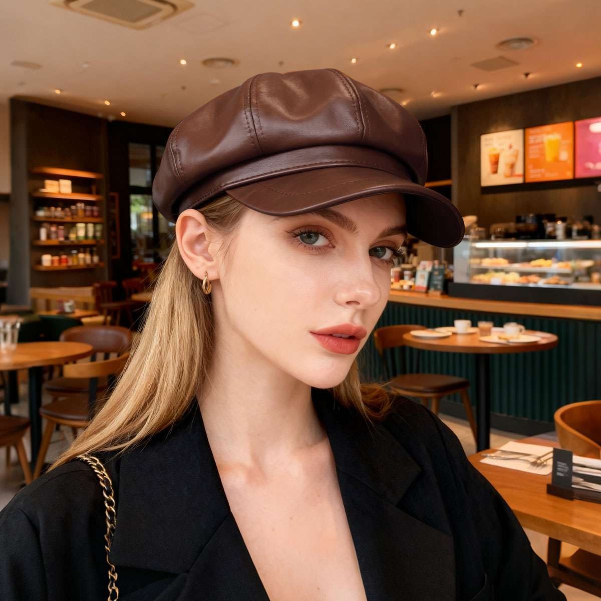 French Retro Ladies Artist PU Leather Beret Cap Baker Boy Peaked Cap Newsboy Hat