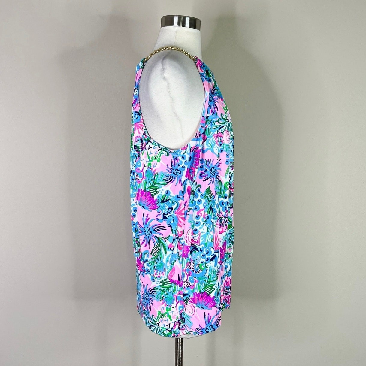 Lilly Pulitzer | Bowen Tropical Pink Floral Halter Gold Chain Tank Top Large
