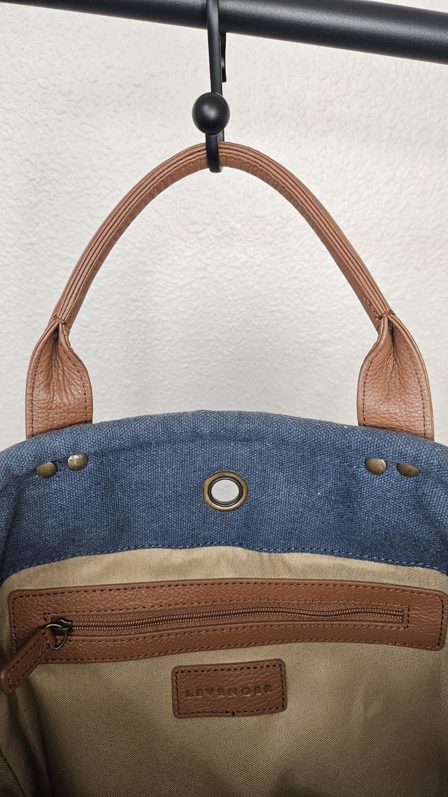 LEVENGER Blue Navy Dark Denim Canvas Brown Leather Medium Pocket Tote Bag Purse