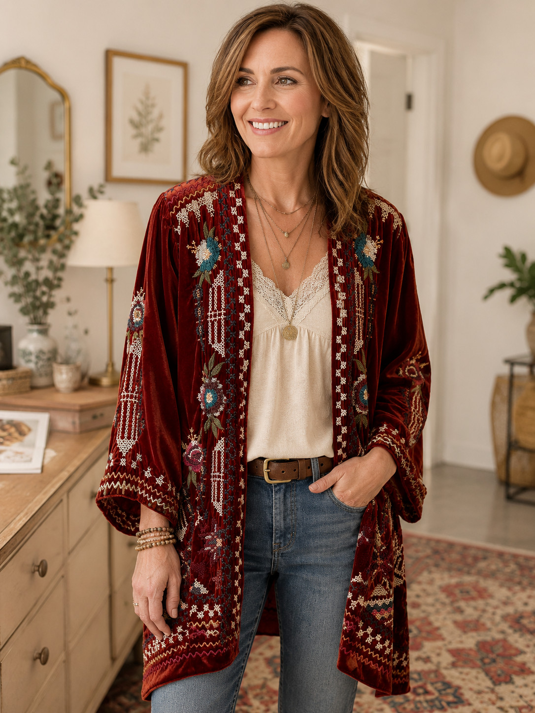 Johnny Was “Dani Velvet Cardigan” in rich rust velvet and allover floral JW-15