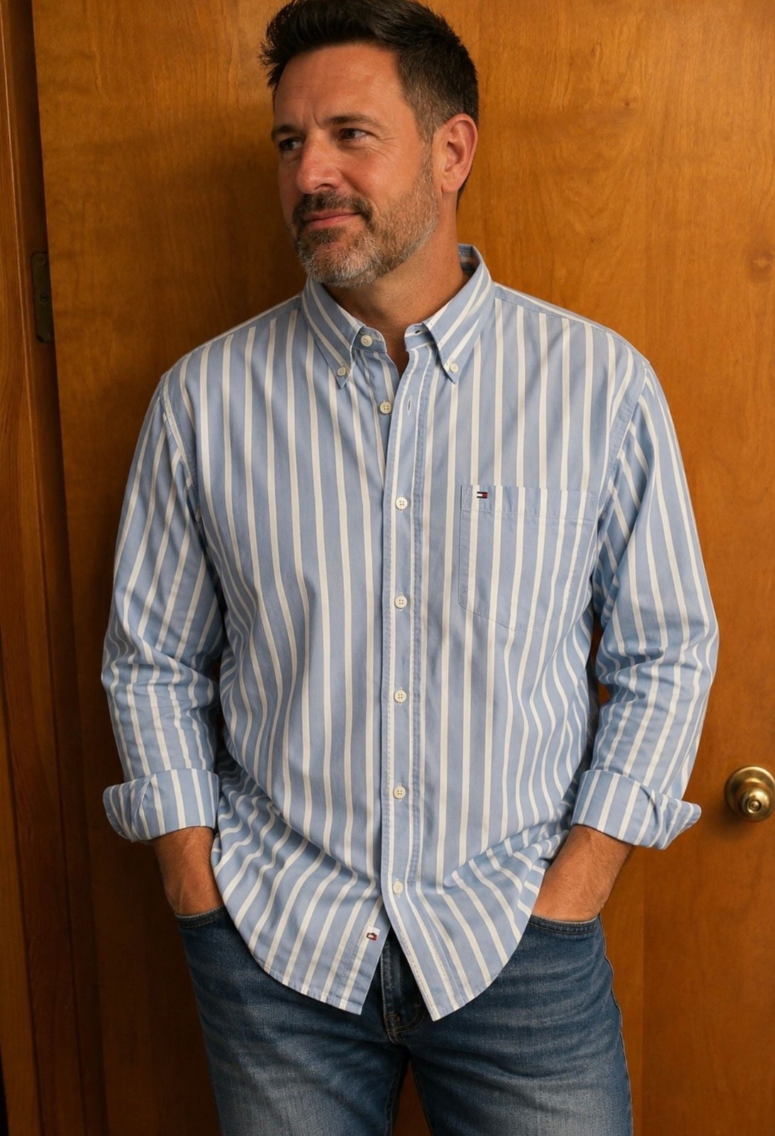 Vintage Tommy Hilfiger Men’s Long Button Down Shirt Blue and White Striped