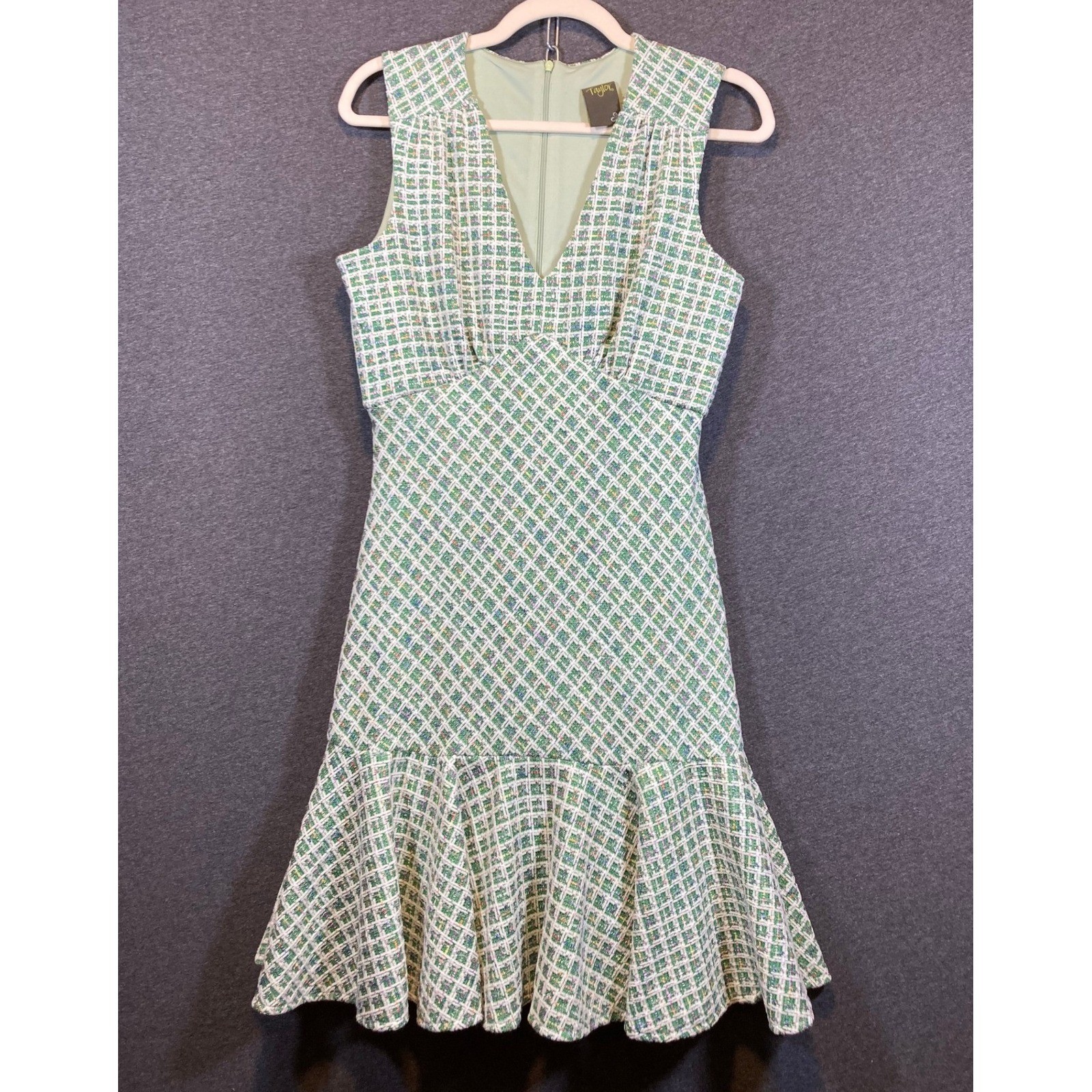 Taylor Womens Green White Tweed Fit Flare Ruffle Hem V-Neck Dress Size 6