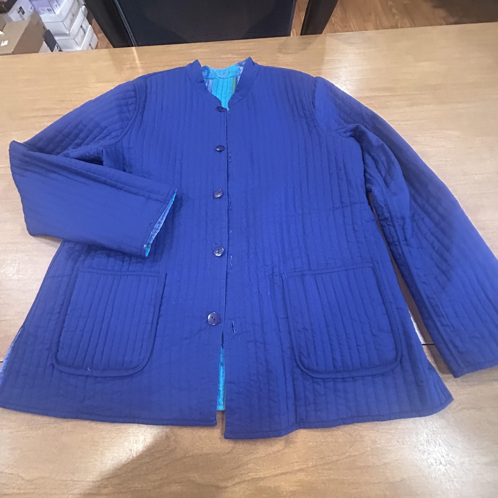 La Cera Jacket Womens Medium Blue Cotton Quilted Reversible Boho Floral Pockets