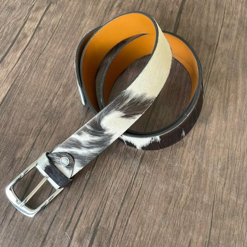 Western Cowhide Leather Belt Brown White Handmade Genuine Fur Buckle