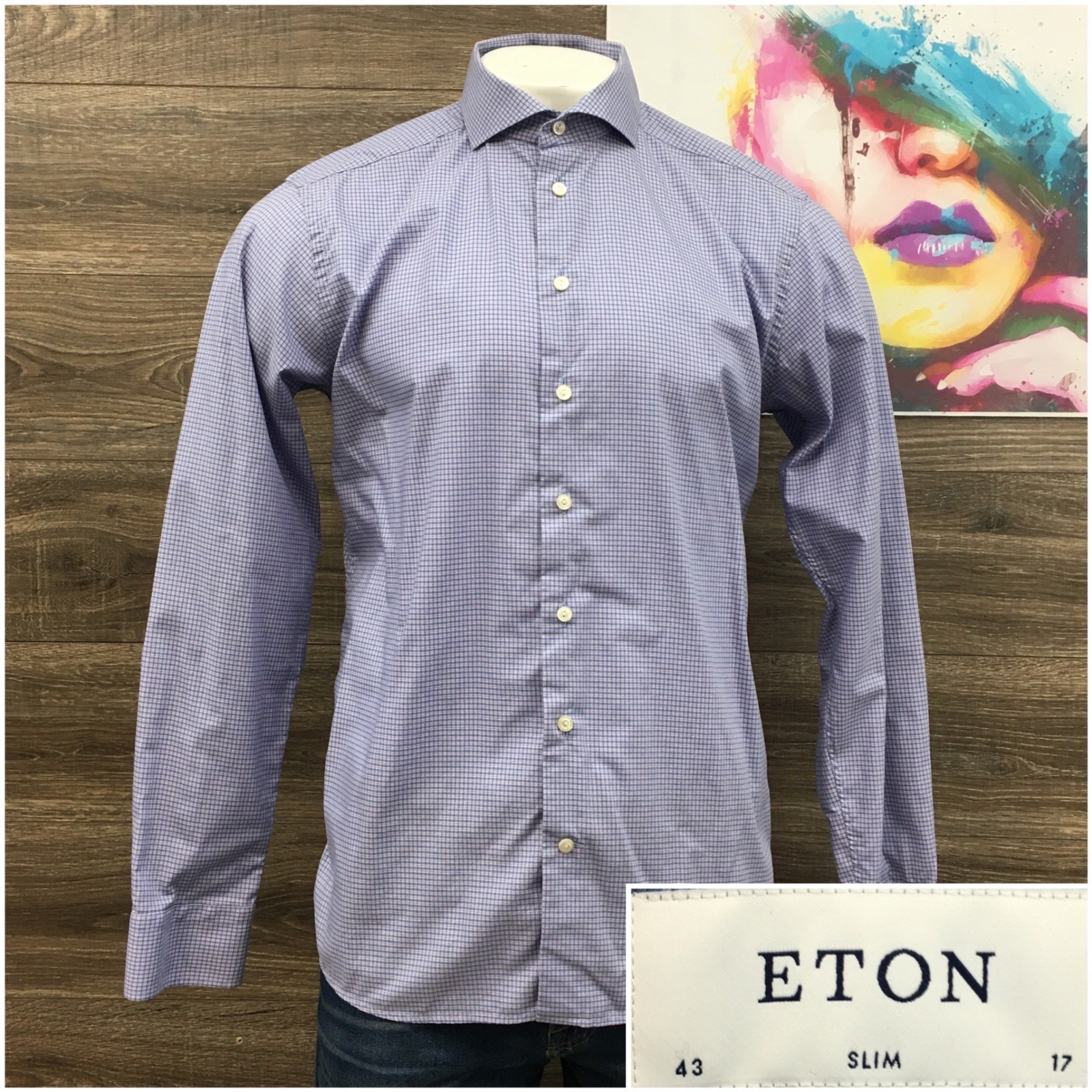 Eton Slim Fit Dress Shirt Mens 17 43 Blue Purple Micro Check Cotton York Shirt