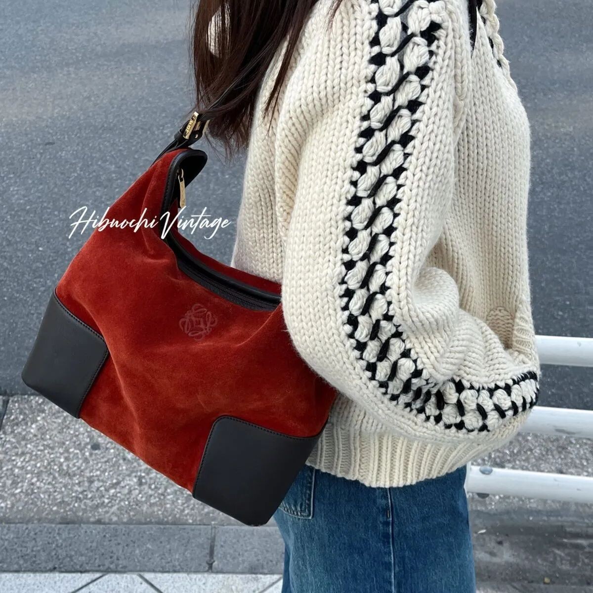 LOEWE Shoulder bag Anagram Suede Leather Red Black Vintage Authentic From Japan