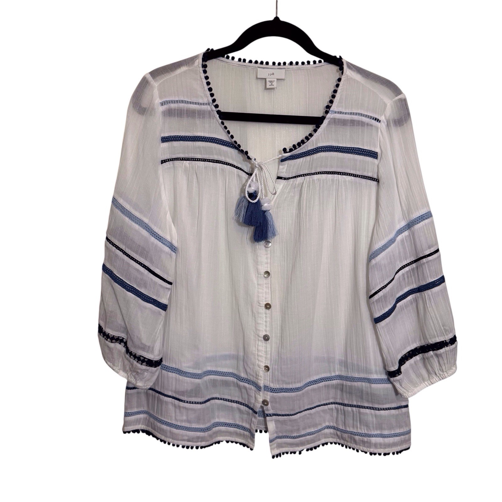 J. Jill Medium Petite White Blue Embroidered Gauze Top Tassel Beach Cotton Boho