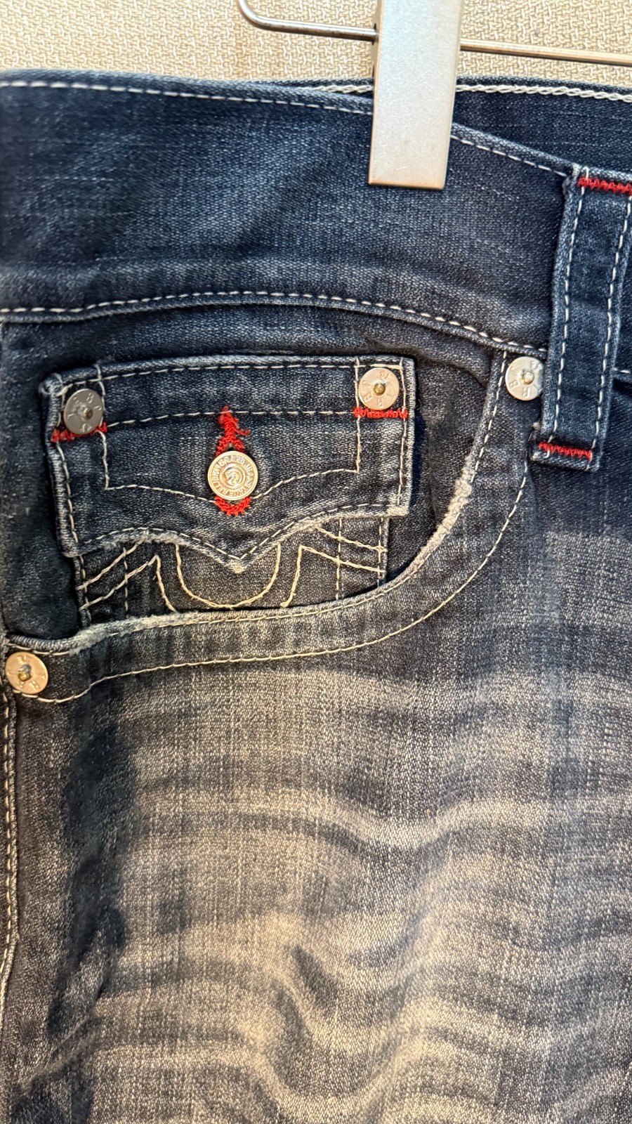 True Religion Straight Flap Red Stitch Dark Wash Jeans Mens 36×27
