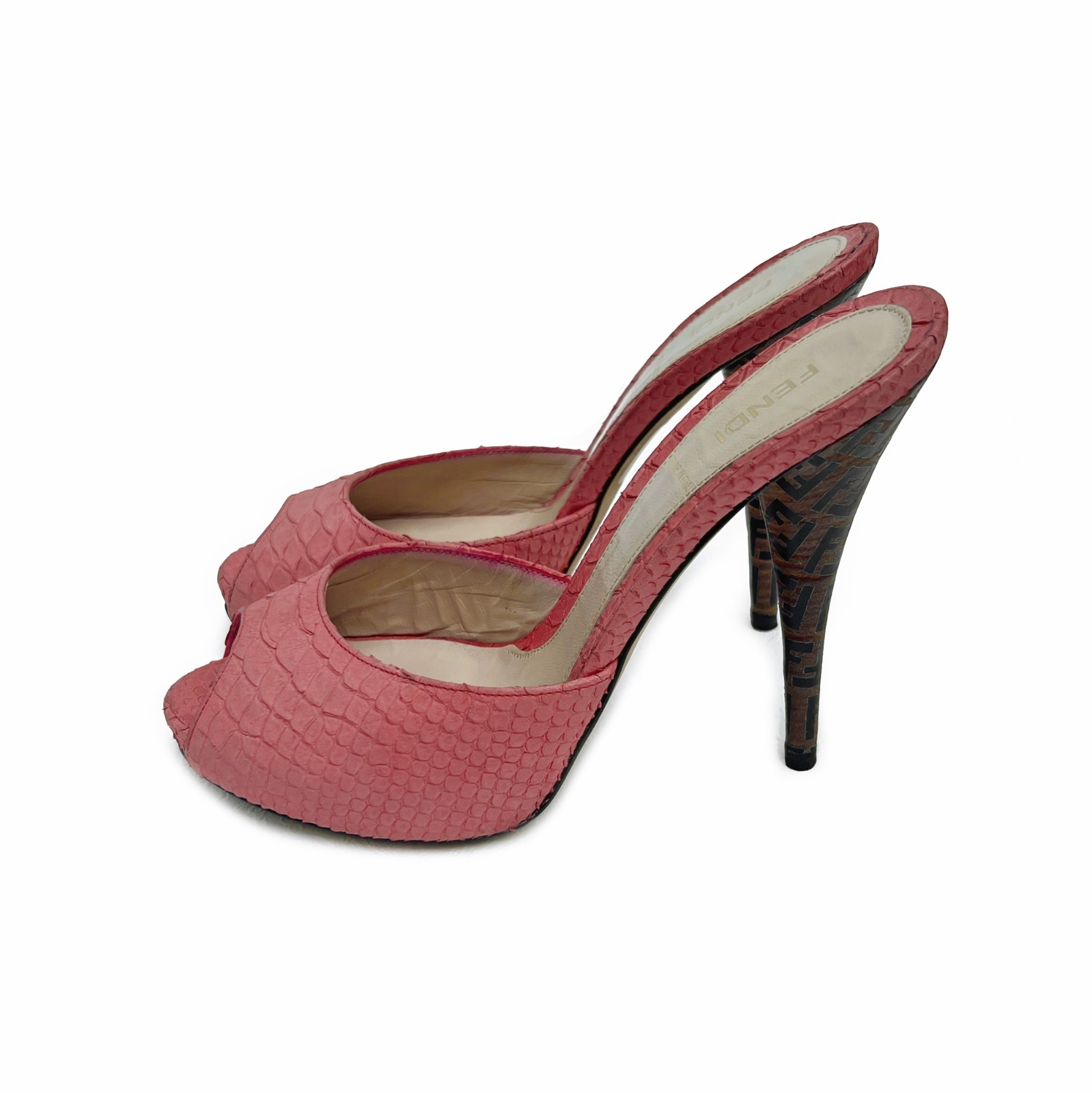 Fendi Zucca Print Heel Coral Pink Snakeskin Peep Toe Mules US: 8,5 / EUR: 38,5