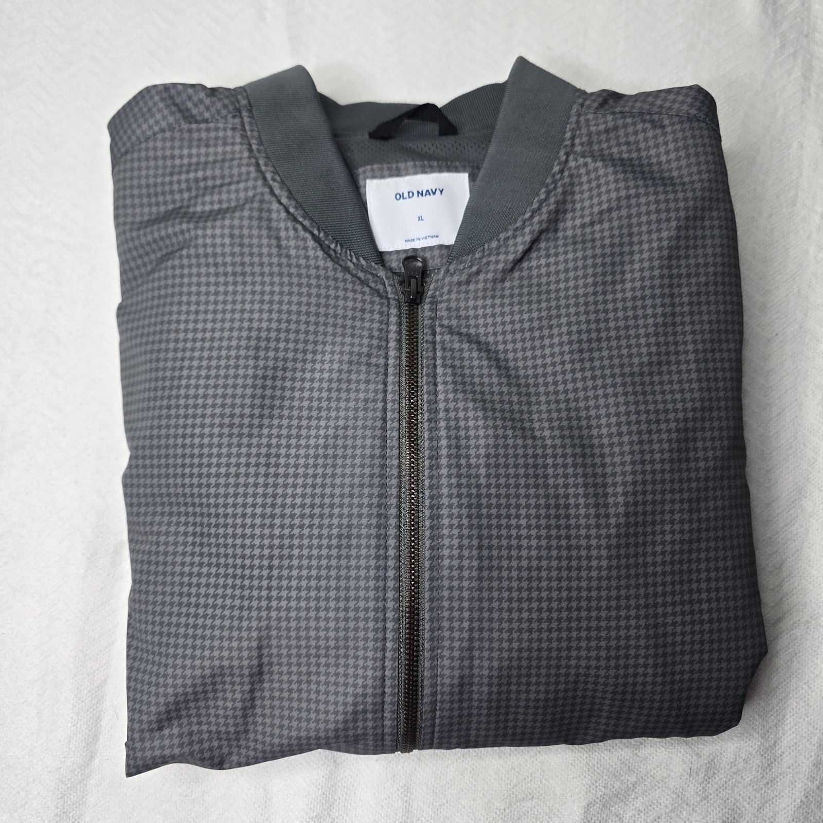 Old Navy Men’s Gray Houndstooth Bomber Jacket Band Collar Full Zip XL