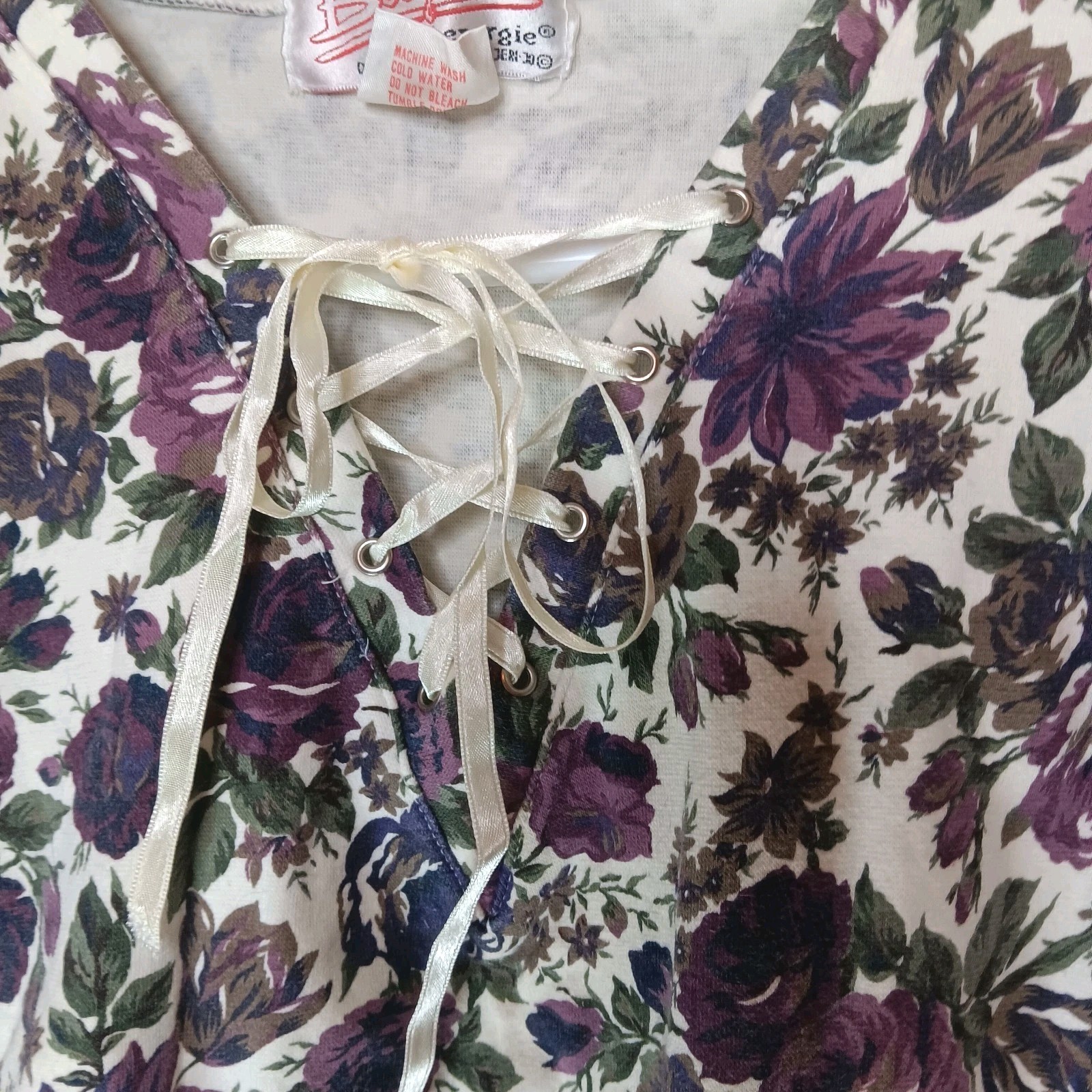 Vintage 90s Floral V Neck Long Sleeve Ribbon Lace Up Snap Bodysuit Classic Sz M