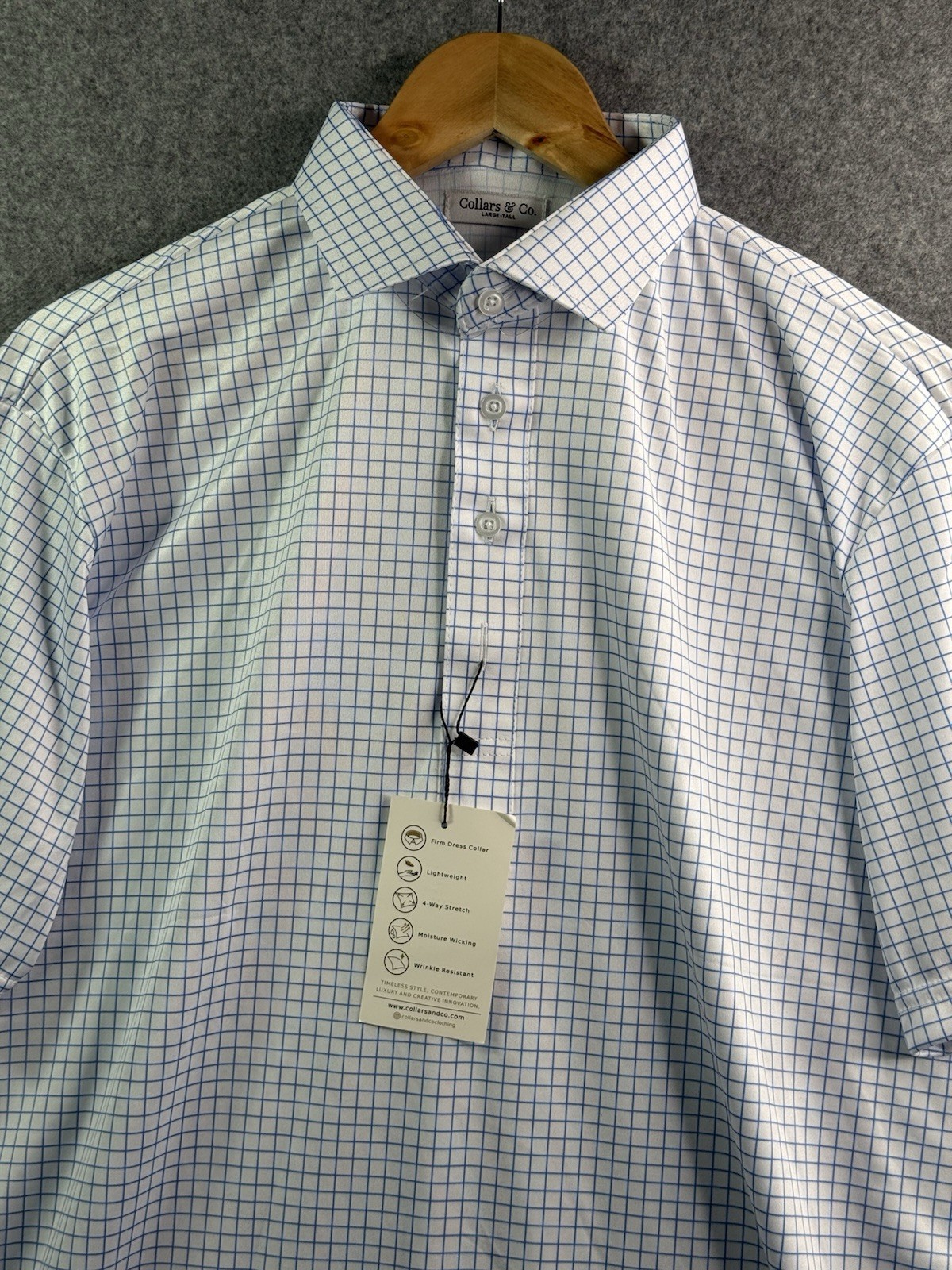 Collars & Co Thin Blue Check Dress Collar Polo Shirt Men’s Large Tall