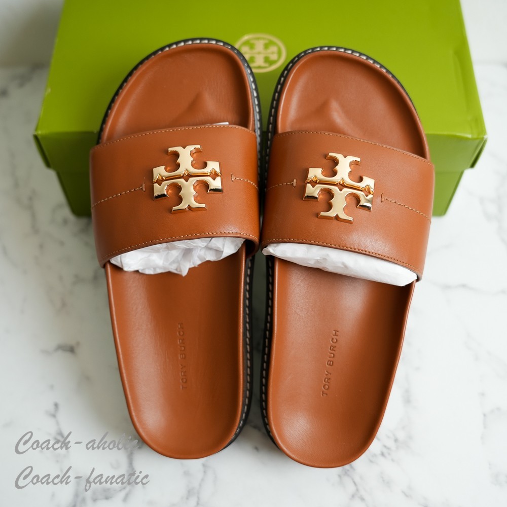 NIB Tory Burch Everly Anatomic Lug Nappa Leather Slide Sandal in Bourbon/Coconut
