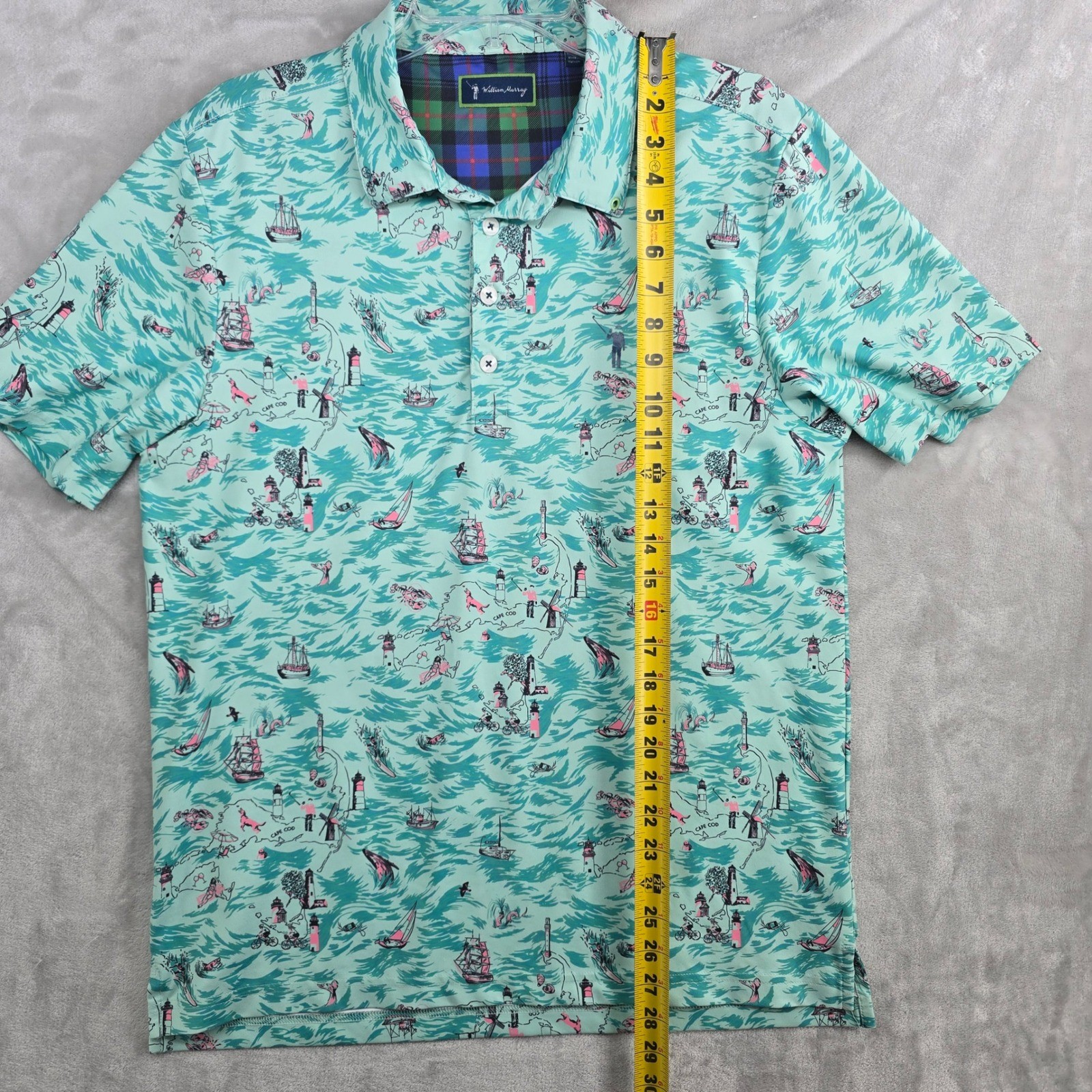 William Murray Large Cape Cod Mens Aqua Nautical Map Print Golf Polo Shirt EUC