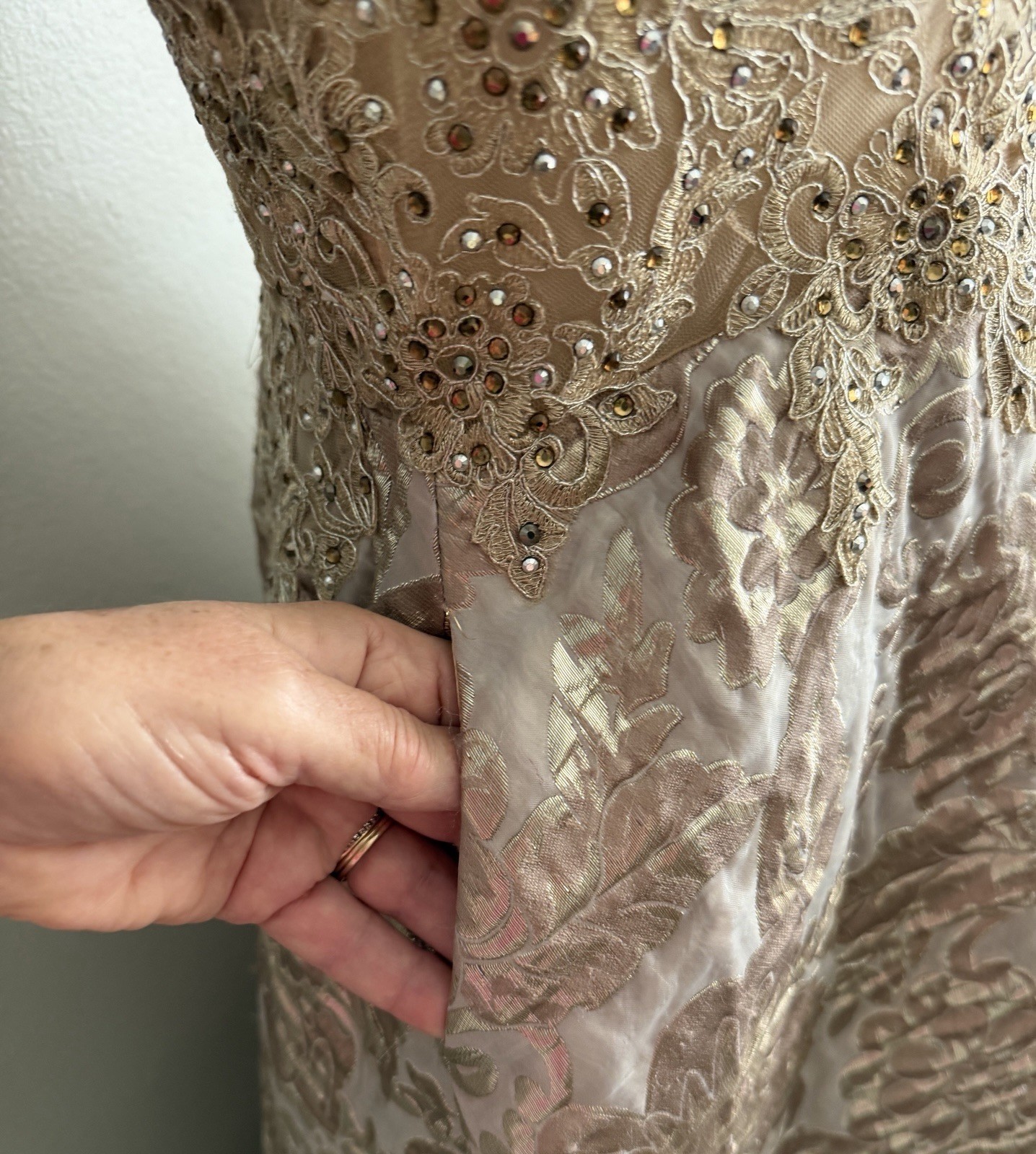 Cecilia Couture Champagne Gold Brocade Ball Gown Beaded Formal Dress 12